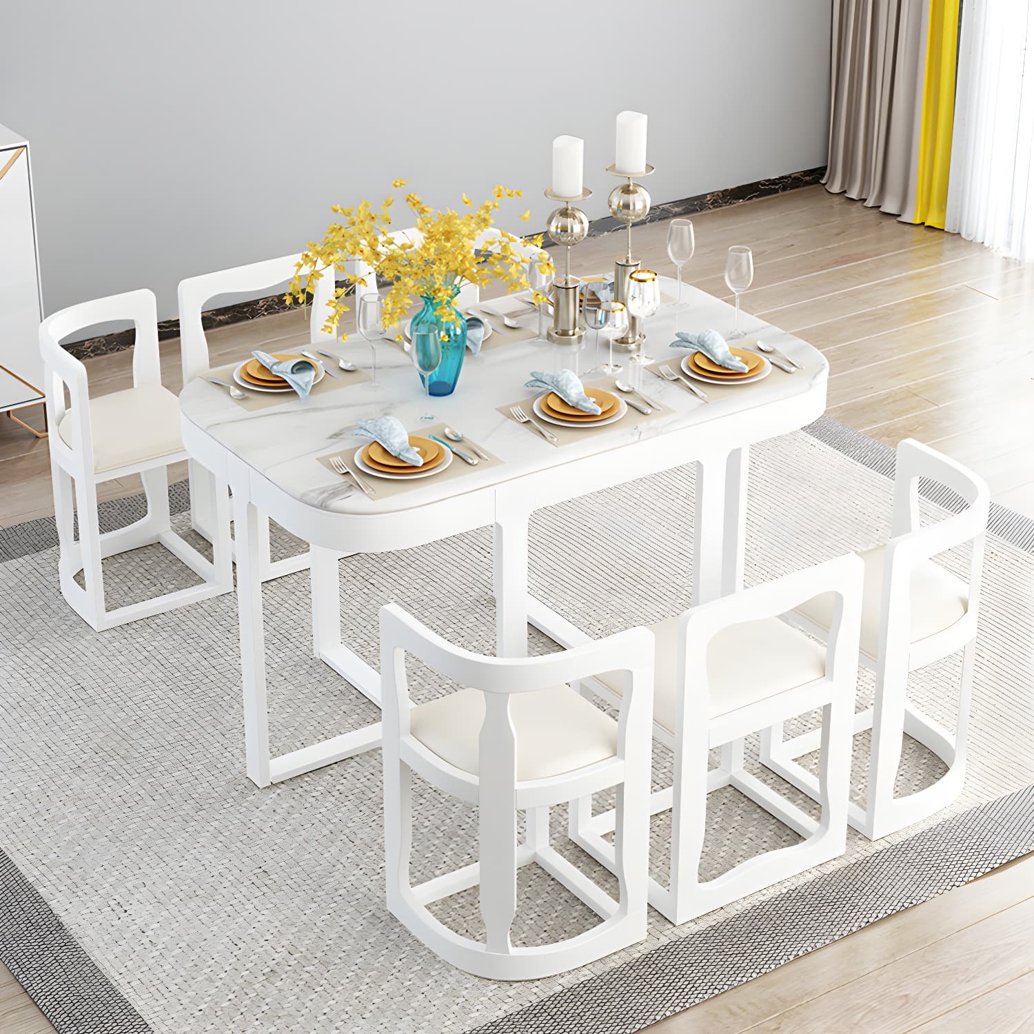 7-Piece Modern Wood Dining Set with Trestle Base and Upholstered Chairs in White - Seats 6 thumbnail 9