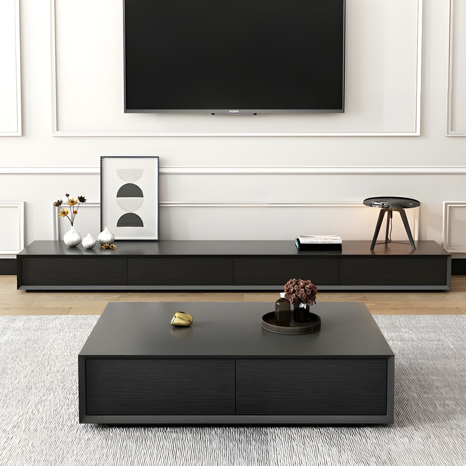 Modern Minimalist Black Finish TV Stand Console with Storage Drawers thumbnail 4
