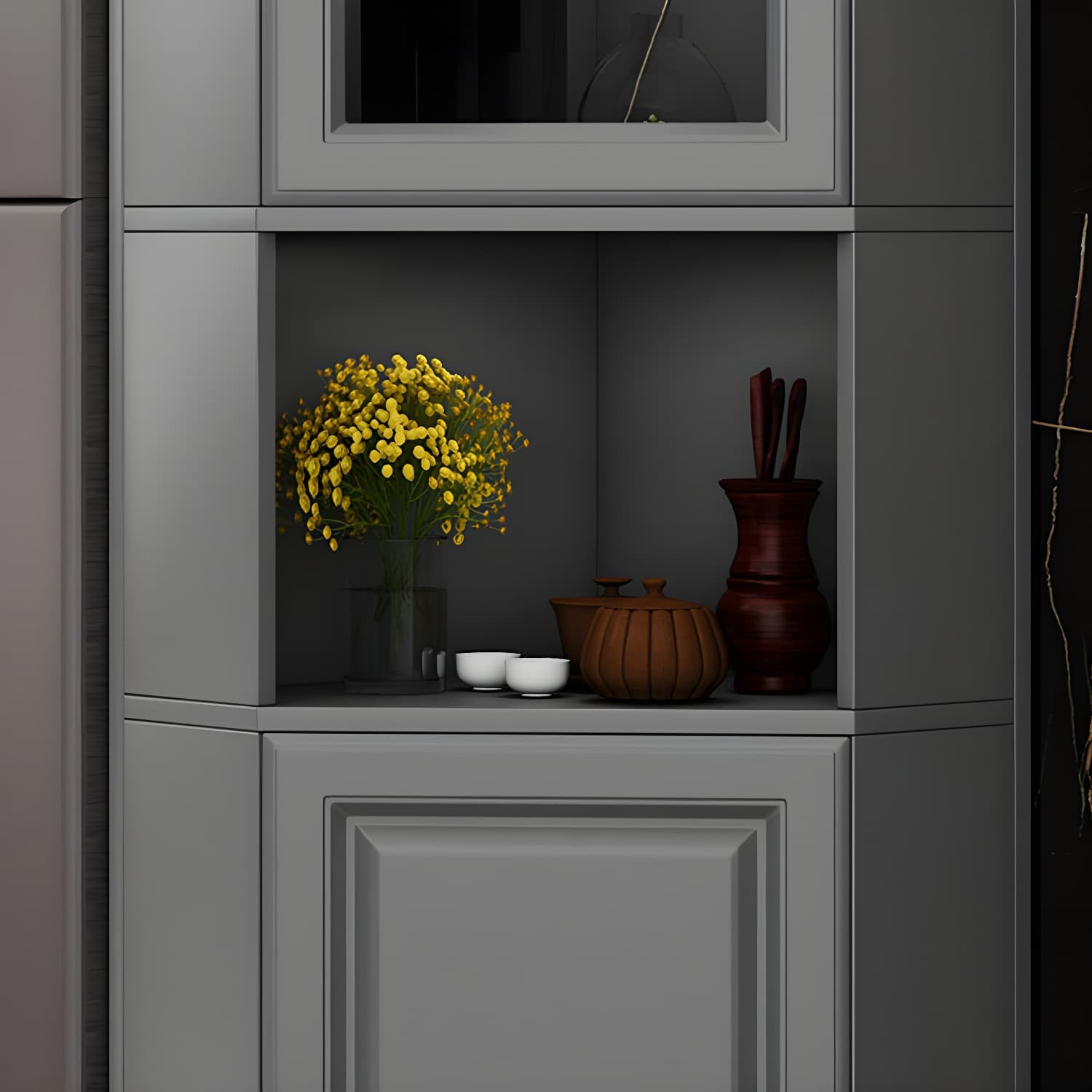 Modern White Corner Accent Cabinet with Glass Doors and Adjustable Interior Shelves thumbnail 8