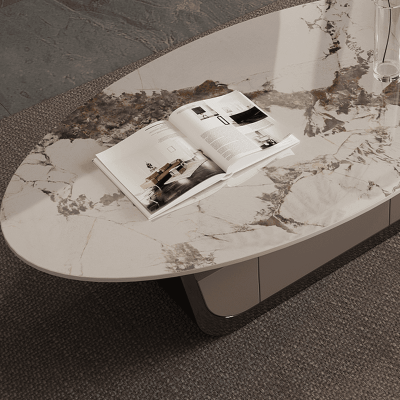 Glamorous Oblong Stone Coffee Table with Abstract Base, Scratch-proof and Drawer for Small Spaces thumbnail 9