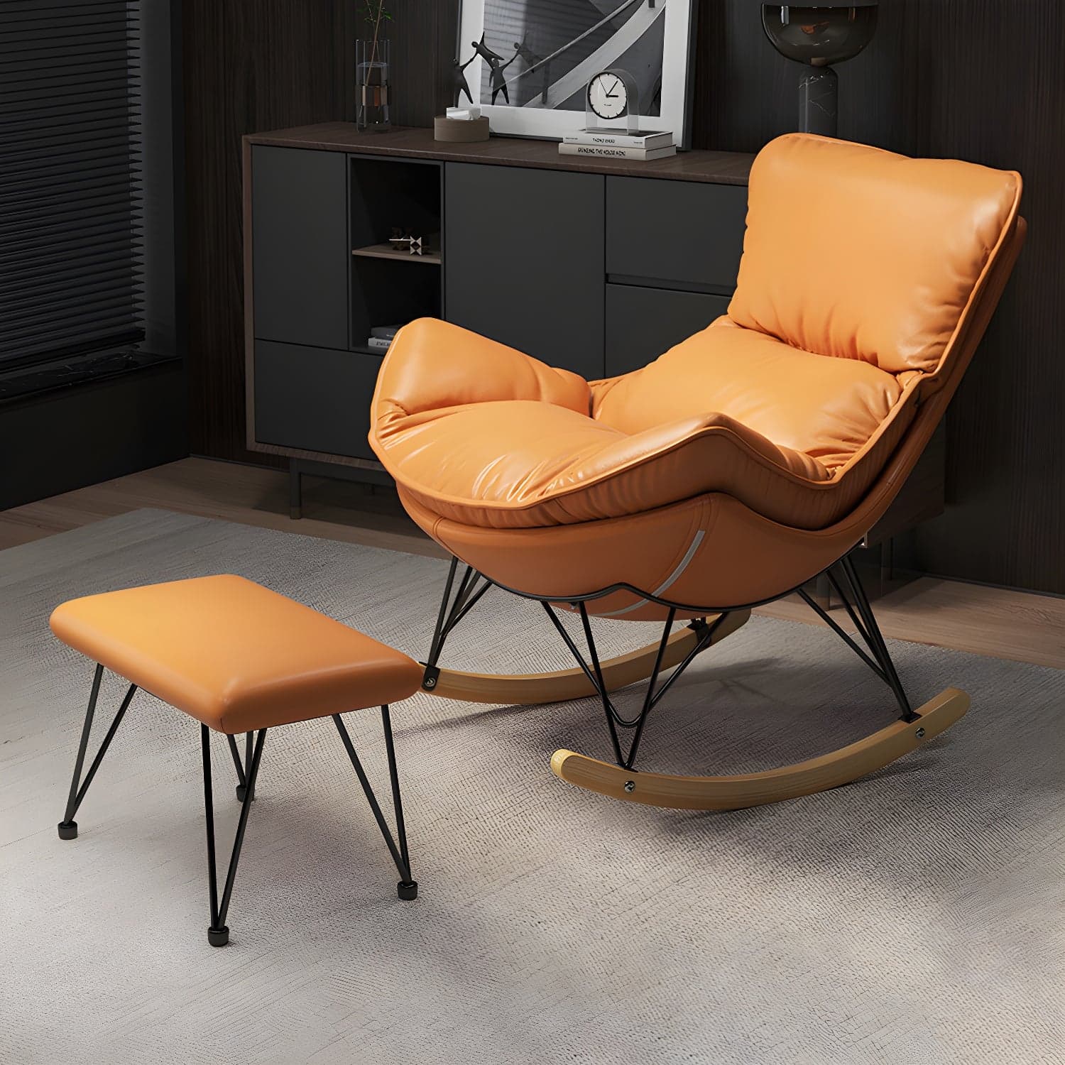 Wing Back Rocking Chair Solid Wood Rocker Chair with Ottoman thumbnail 4