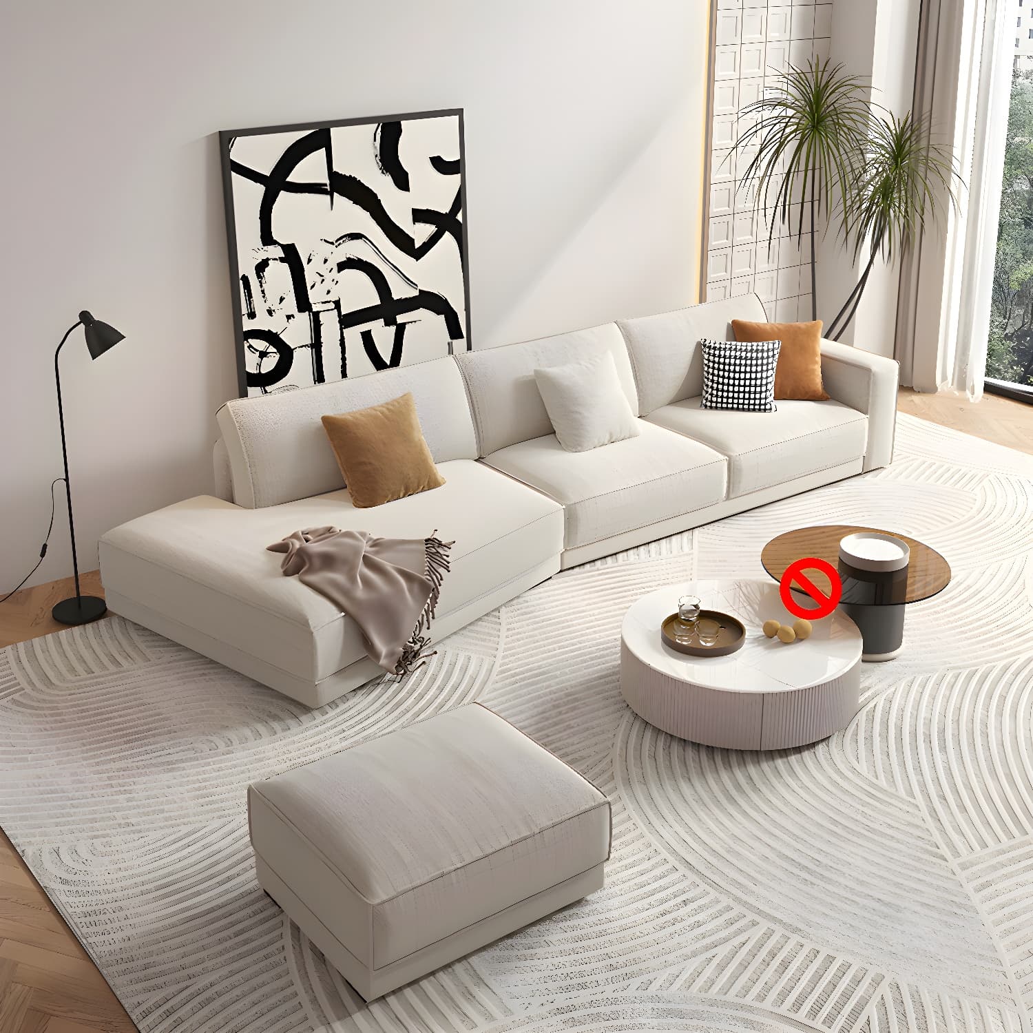 Modern Beige Linen L-Shape Sofa Chaise with Square Arm in Wood Frame thumbnail 2