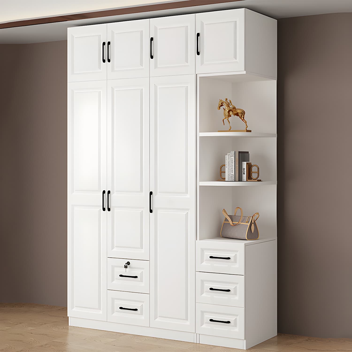 Wood White Modern Wardrobe Armoire with Drawers, Shelves, and Clothing Rod thumbnail 10