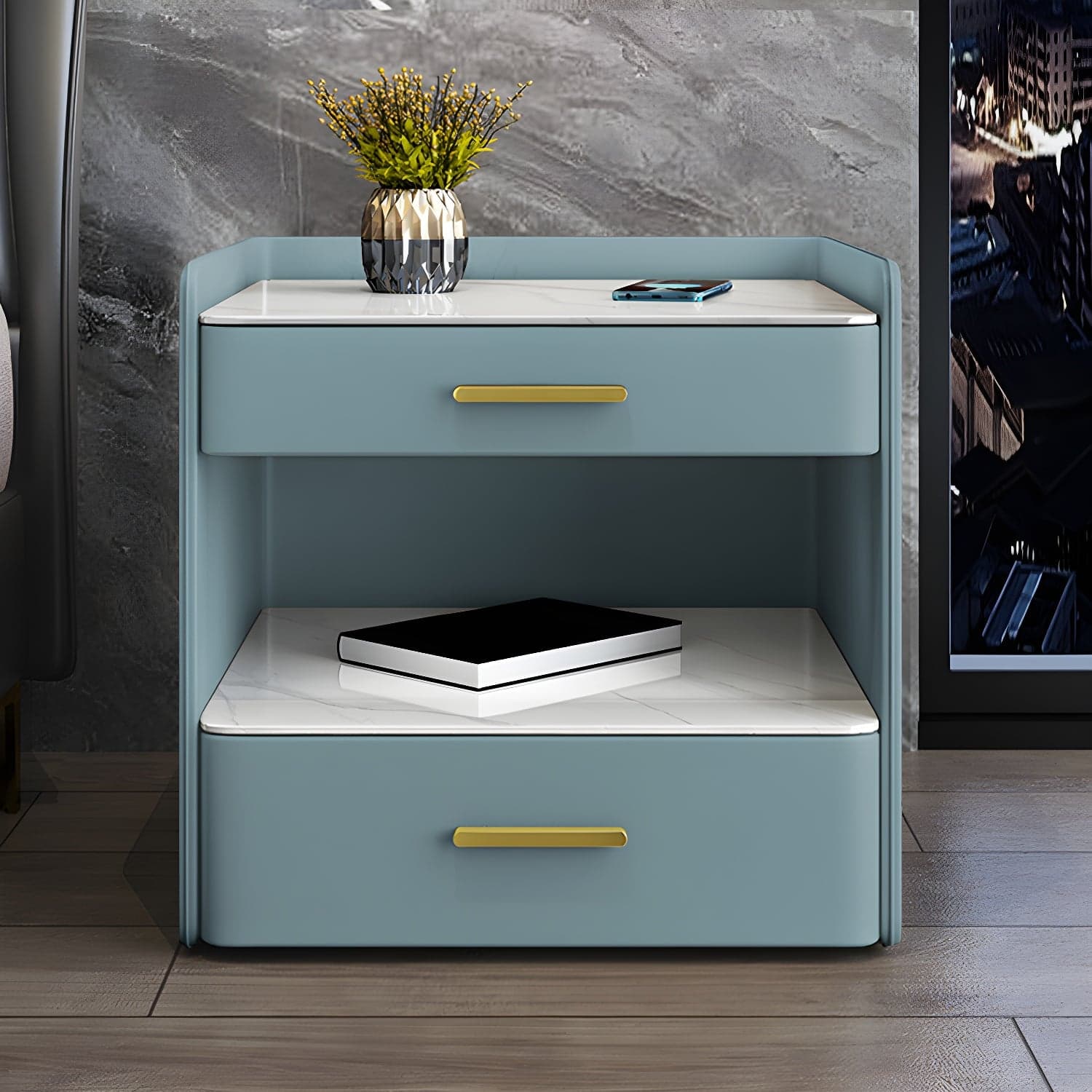 Stone Bed Nightstand Open Storage Bedside Cabinet with Drawers thumbnail 4