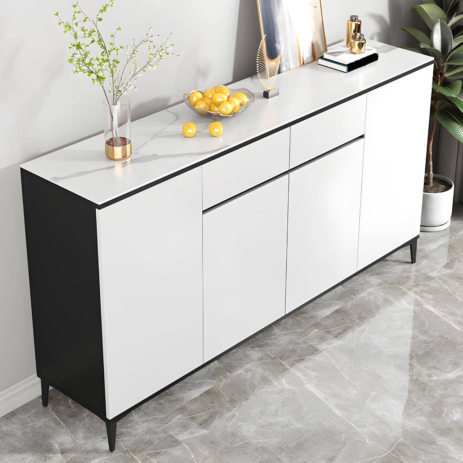 White Wood Buffet Sideboard with Drawers and Cabinet Included thumbnail 1