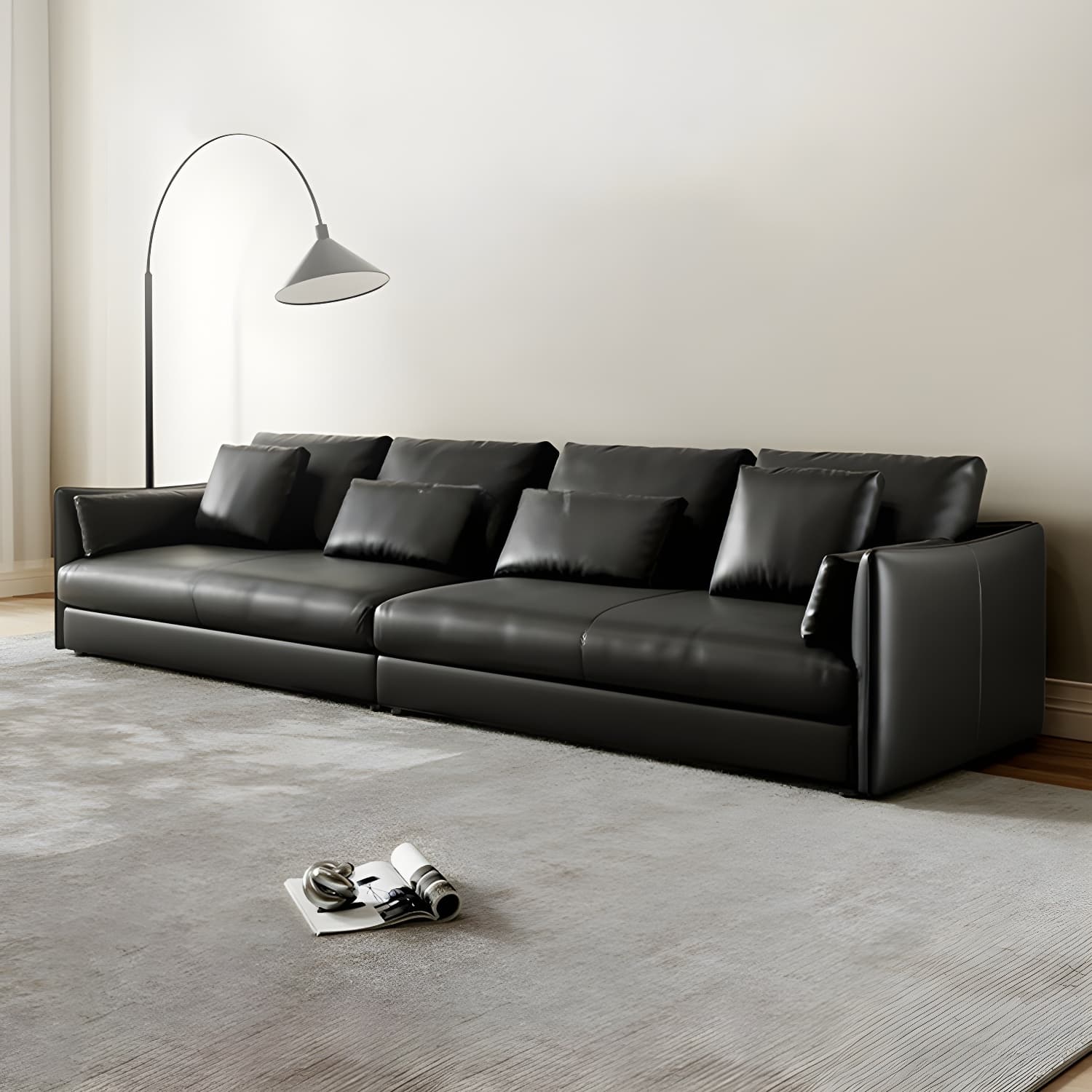 Modern Genuine Leather Sectional Sofa in Black with Recessed Arm thumbnail 2