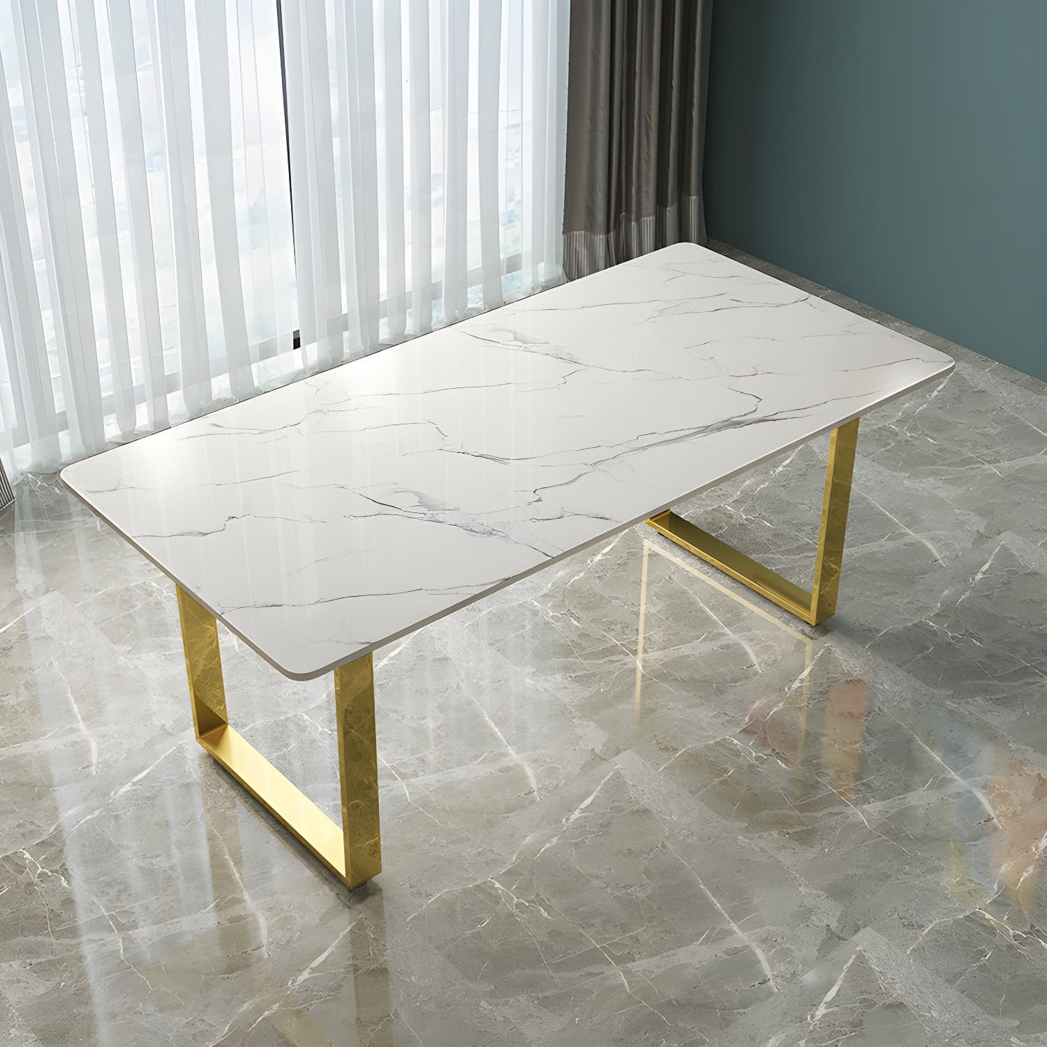 Marble Top Dining Table Modern Rectangle Dining Table with Sled Base thumbnail 4