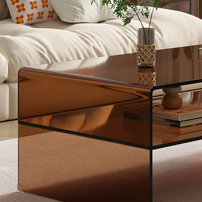 Rectangular Brown Glass Modern Coffee Table with Sled Base and Storage thumbnail 6