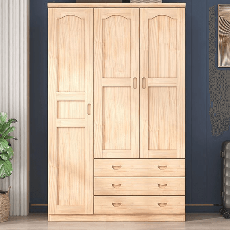 Natural Finish Minimalist Pine Wood Cabinet Armoire with 3-Drawer, Interior Shelves, and Clothing Rod thumbnail 1