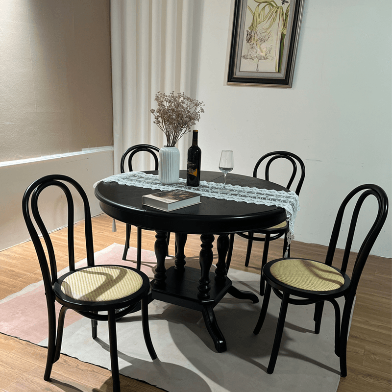 Minimalist Dark Wood Dining Table Set with Wood Slab, 4 Legs, Padded Chair, and Back thumbnail 1