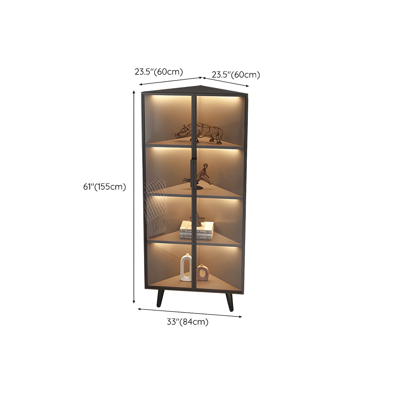 Corner Modern Accent Cabinet with Black Metal Base and Glass Doors, Black Wood Counter Top thumbnail 25