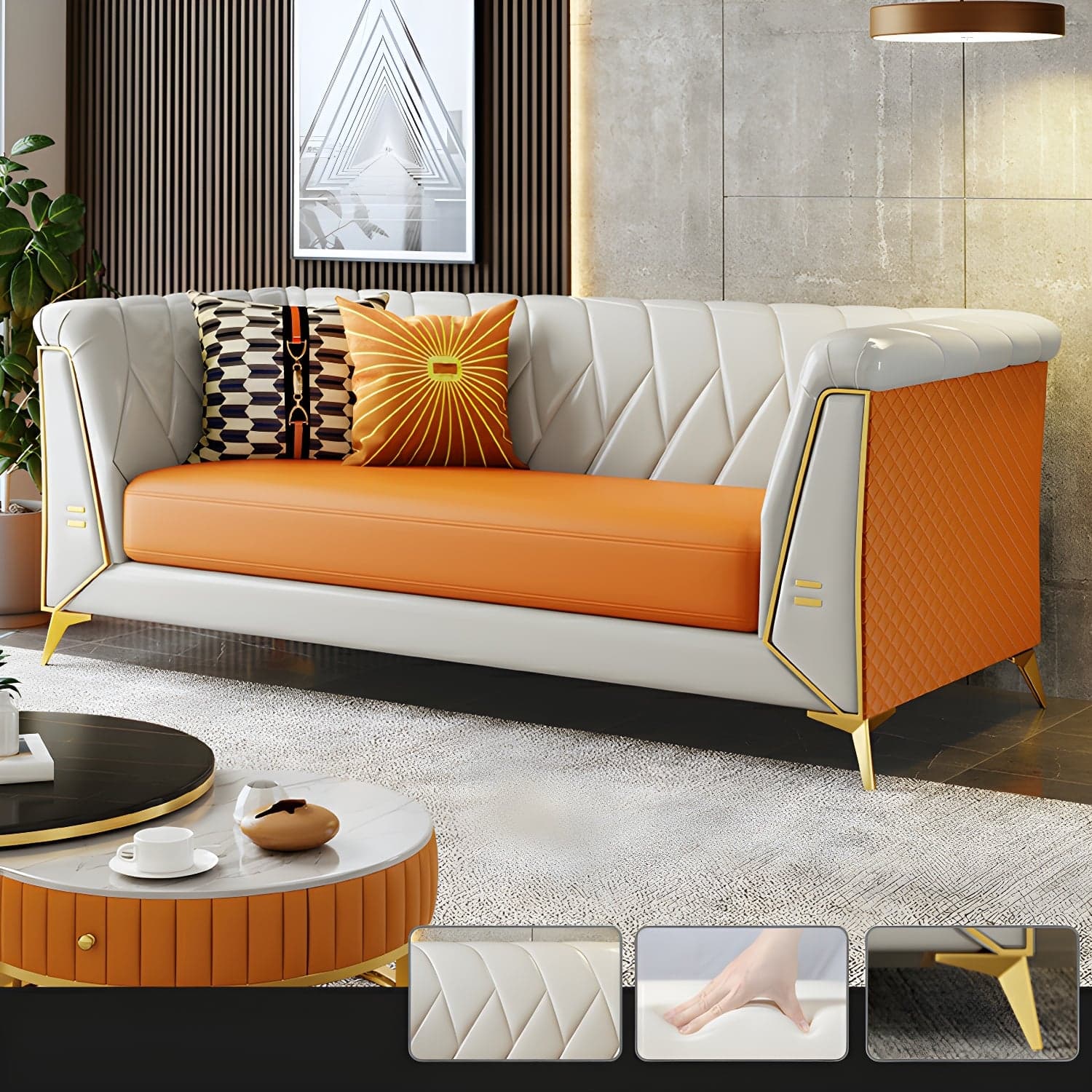 Glam Faux Leather Standard Sofa with Tuxedo Arms in Solid Color thumbnail 9