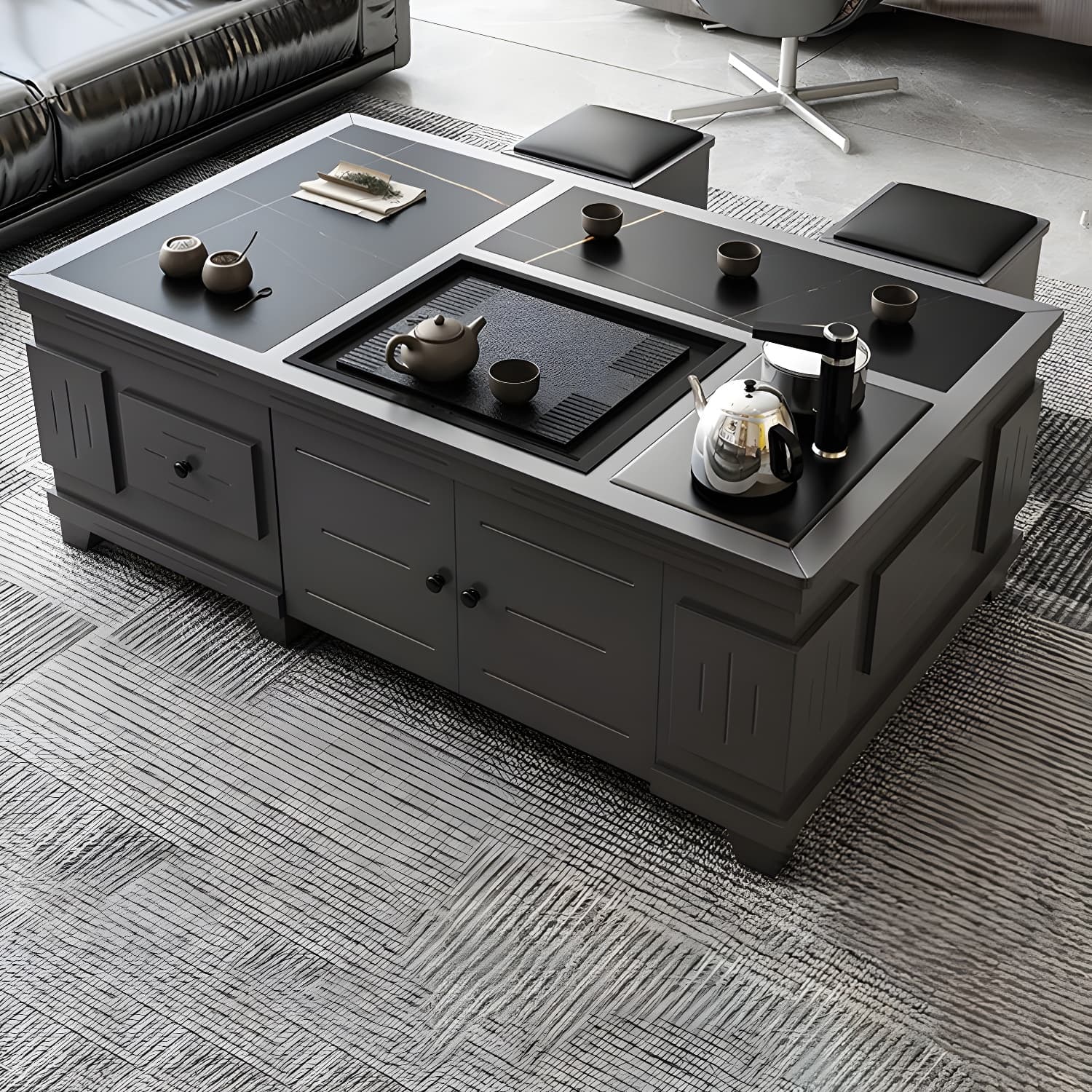Abstract Slate Coffee Cocktail Table with Storage Drawers Rectangle thumbnail 7
