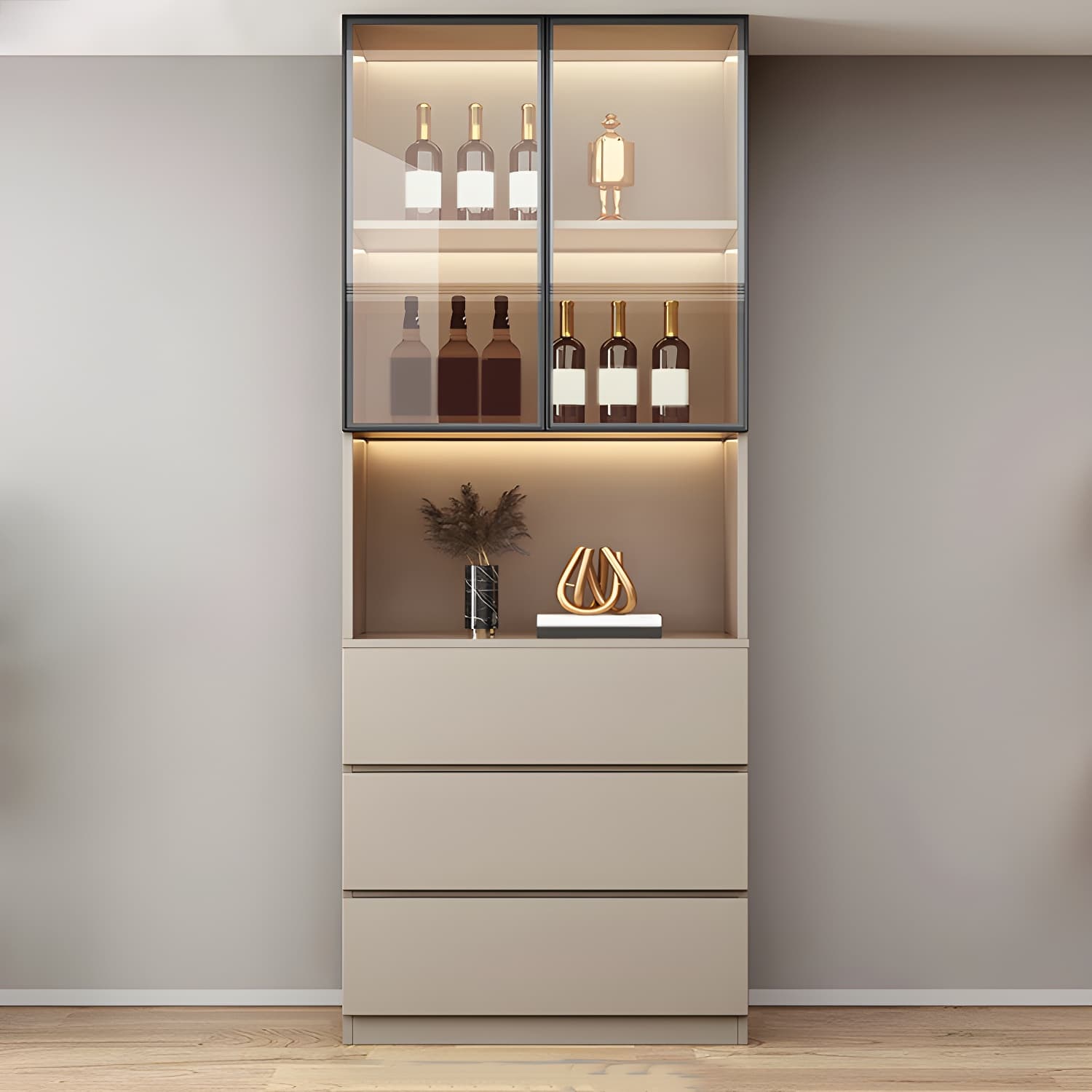 Modern Wood Cabinet with Glass Doors and Non-adjustable Shelves thumbnail 3