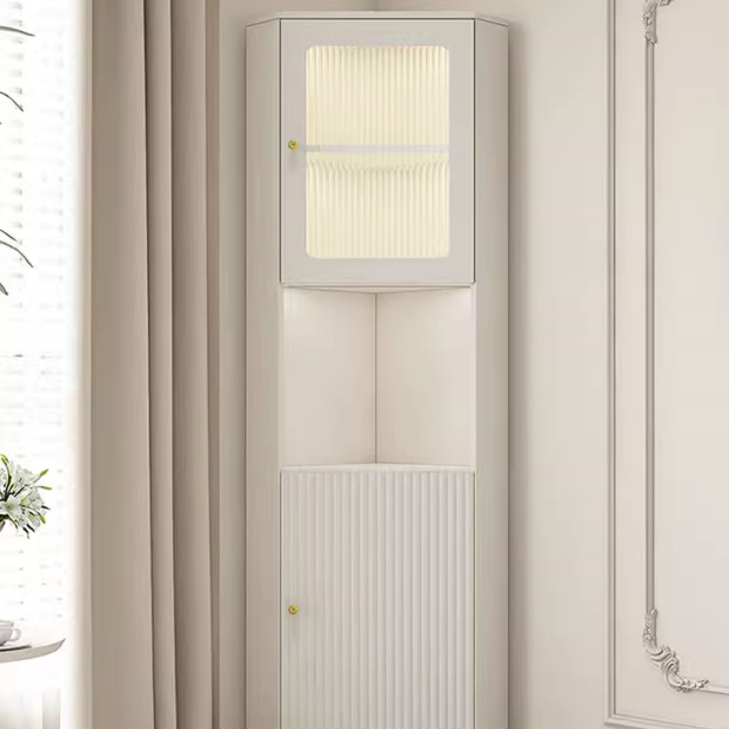 White Corner Modern Accent Cabinet with Stone Countertop, Glass Doors, and Cabinet Included thumbnail 8