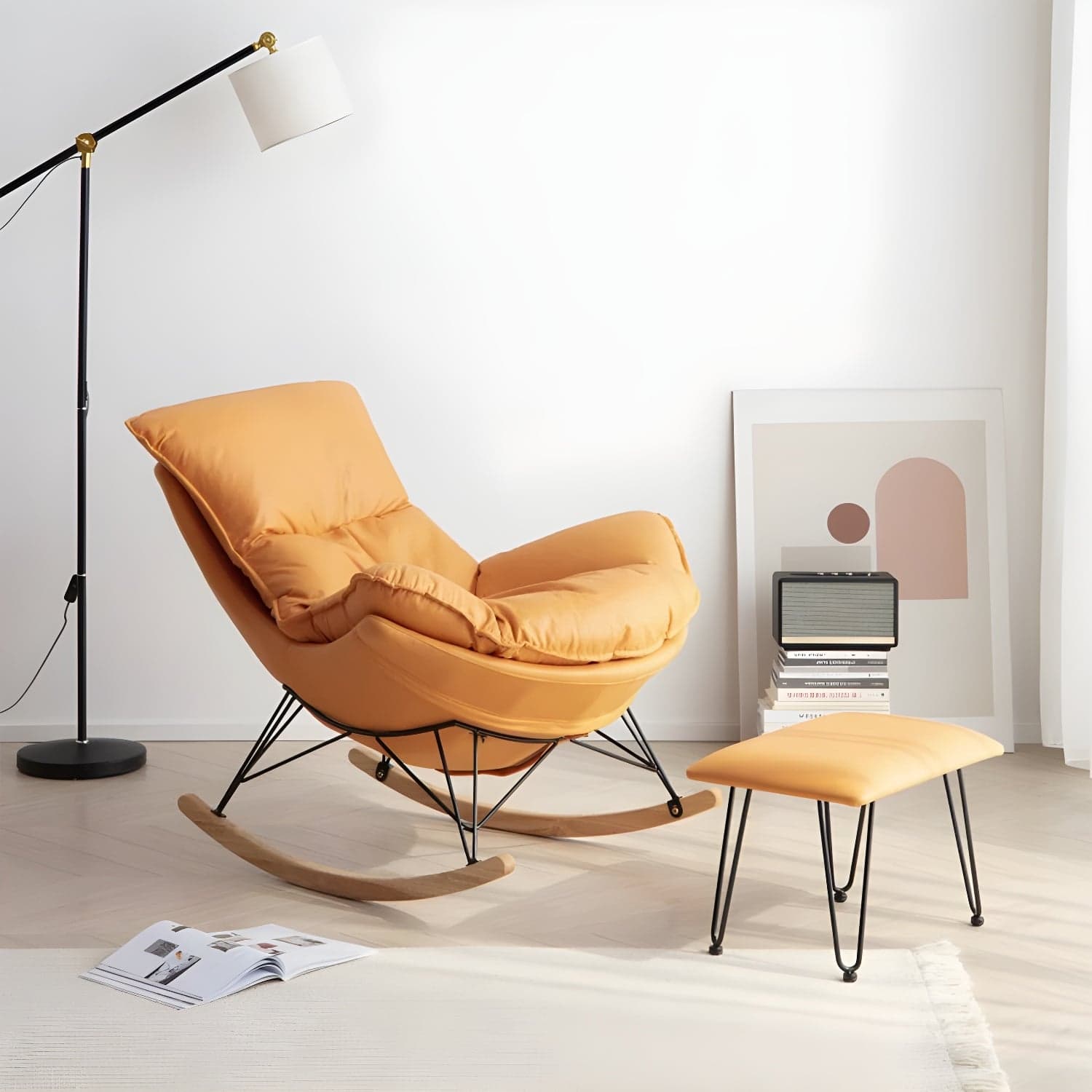 Modern Rocking Chair with Ottomans - Metal Frame, Removable Cushions, and Armless Design thumbnail 5