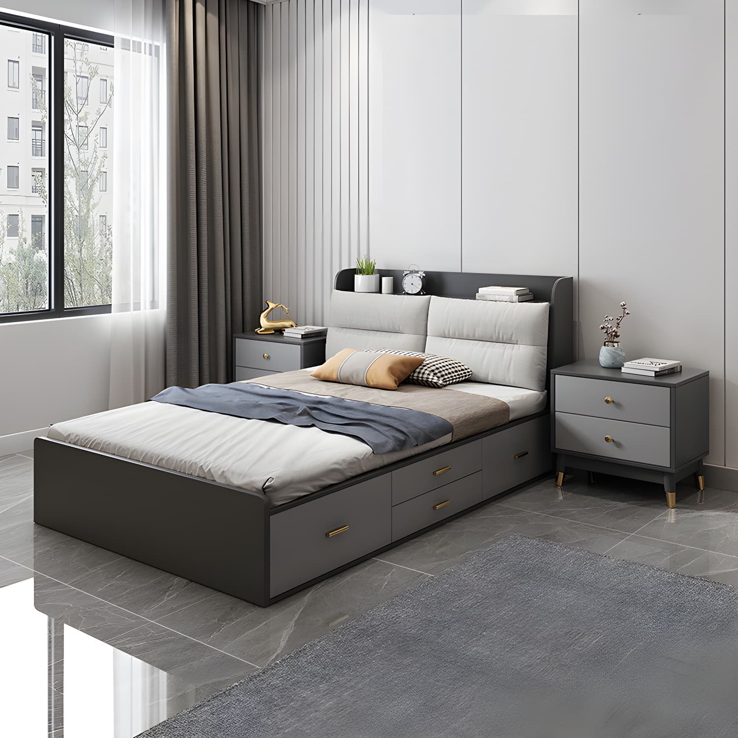 Scandinavian Low Profile Bed with Headboard Upholstered Bed with Drawers thumbnail 4