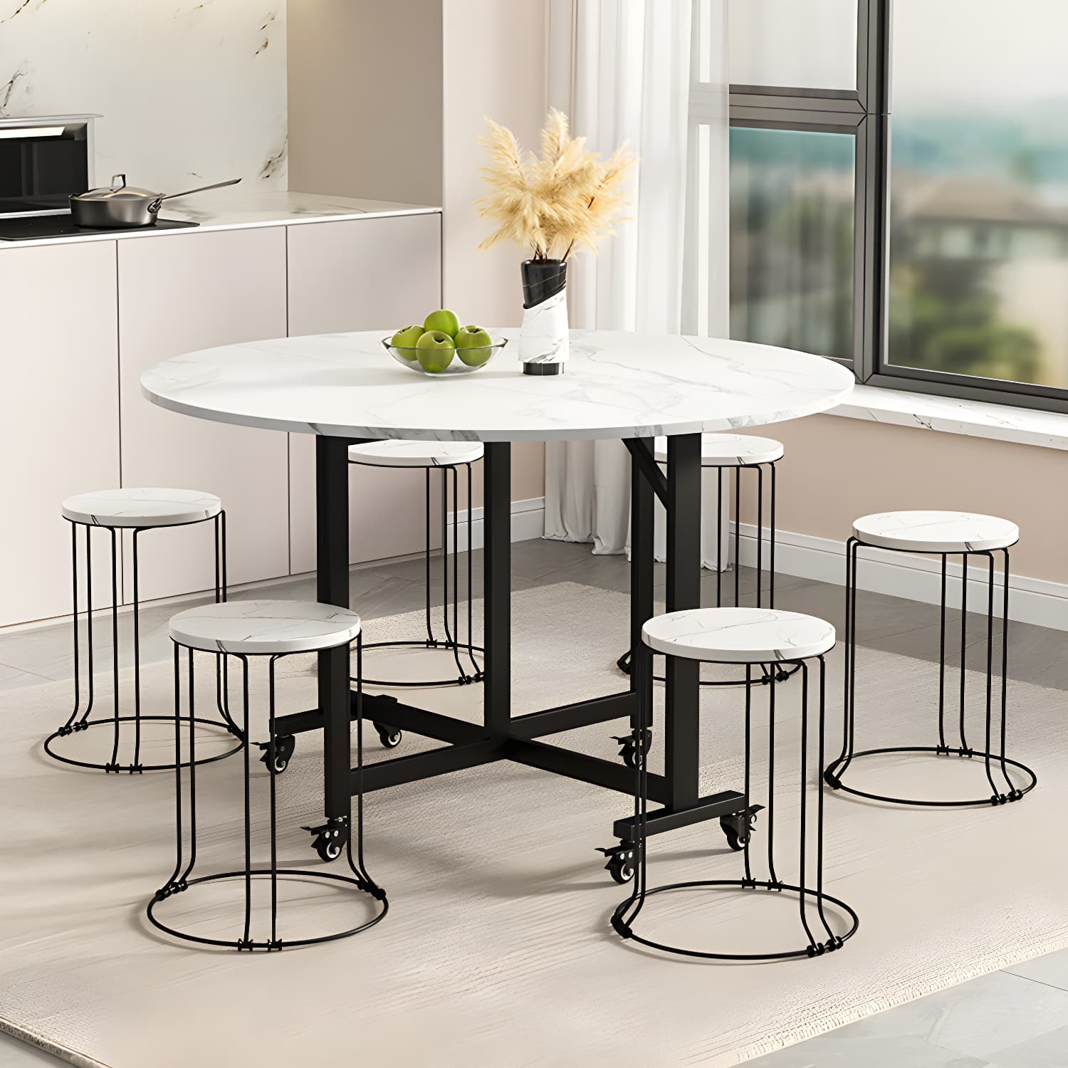 Modern Round Wood Dining Set with Collapsible Table and Leaf Extension - Metal Trestle Base in Black thumbnail 4