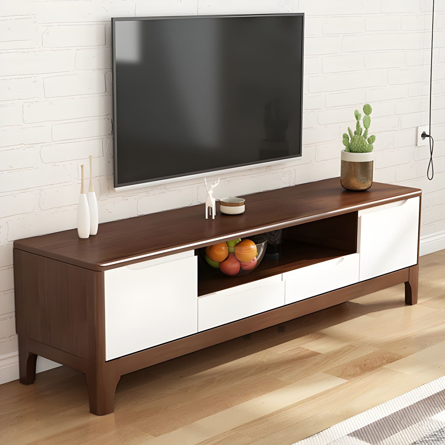 Scandinavian Open Shelf TV Console 2-Cabinet TV Stand with Soft Close Drawers thumbnail 6