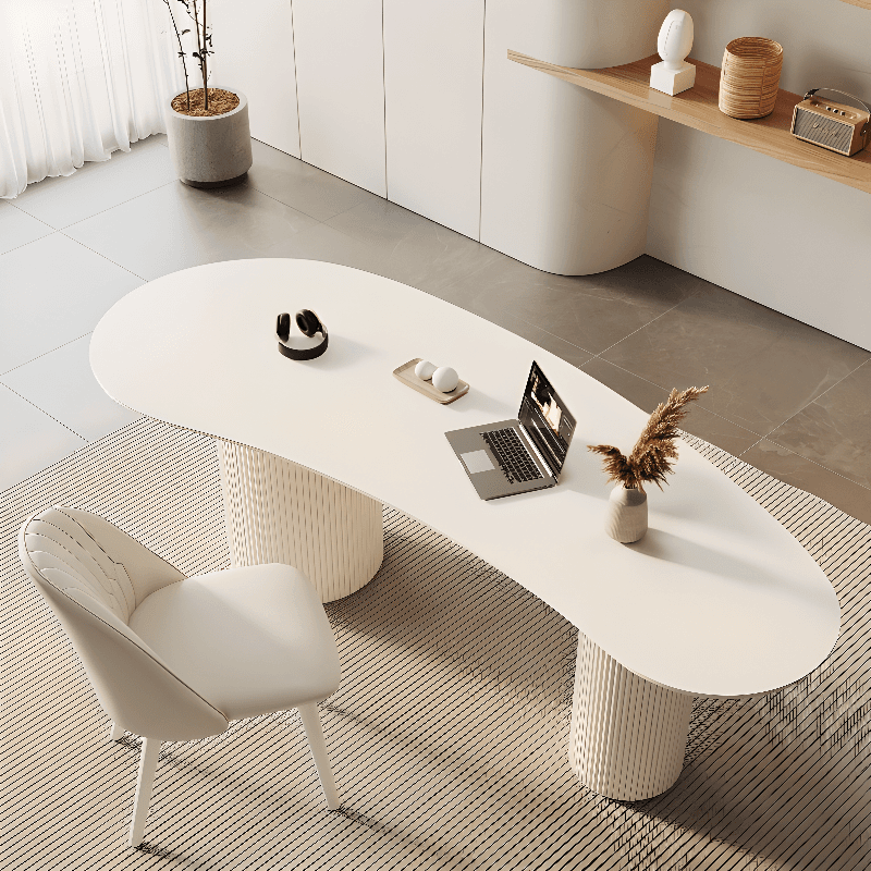 Fixed Free Form Dining Table Set with Double Pedestal, a Chalk Slate Tabletop and Upholstered Chairs in an Art Deco Style thumbnail 4