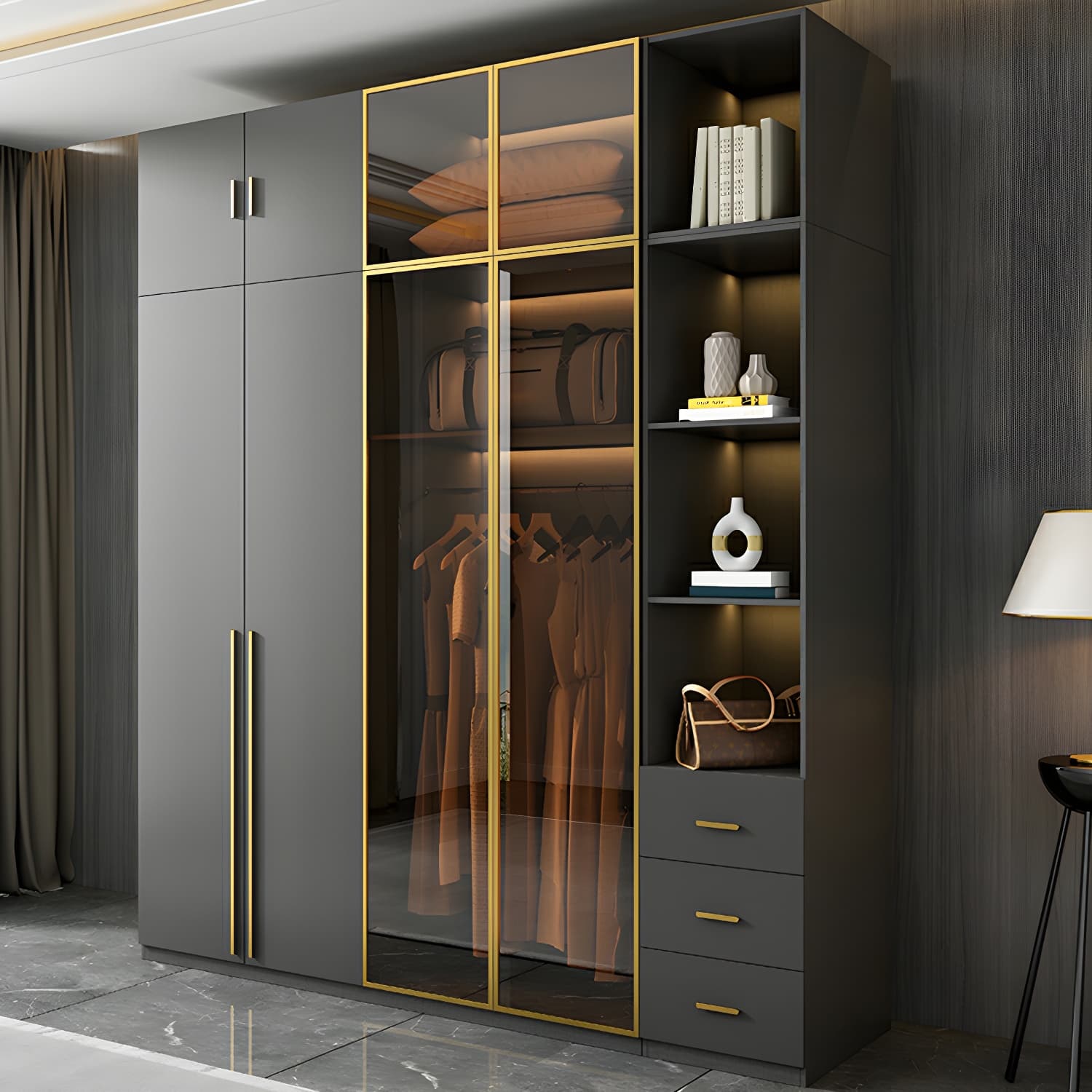 Modern Black Wood Wardrobe Armoire with Soft-Close Drawers & Clothing Rod thumbnail 11