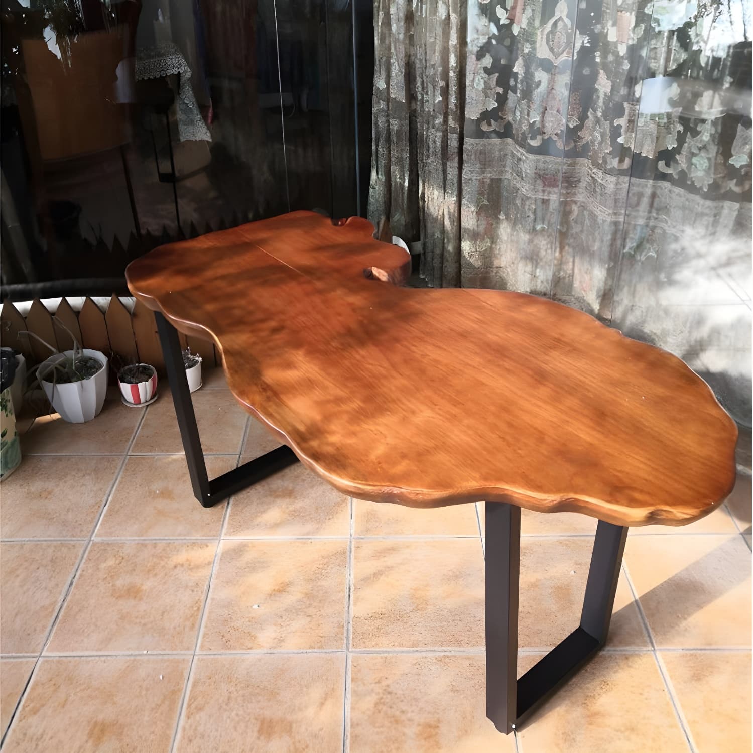 Modern Live Edge Coffee Table Geometric Red Wood Sled Cocktail Table thumbnail 4