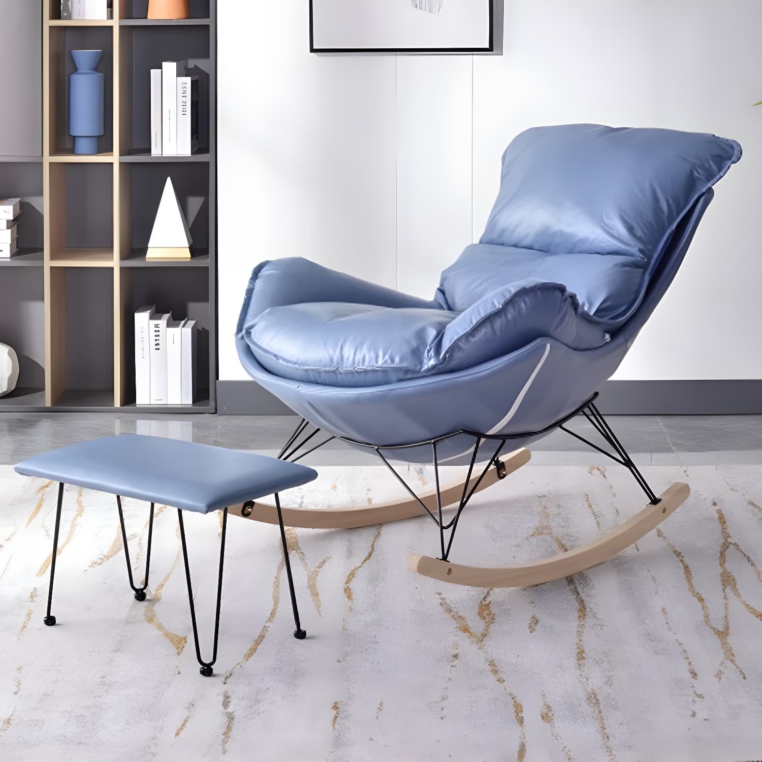 Modern Upholstered Rocking Chair with Ottoman Set - Natural Wood Legs thumbnail 1