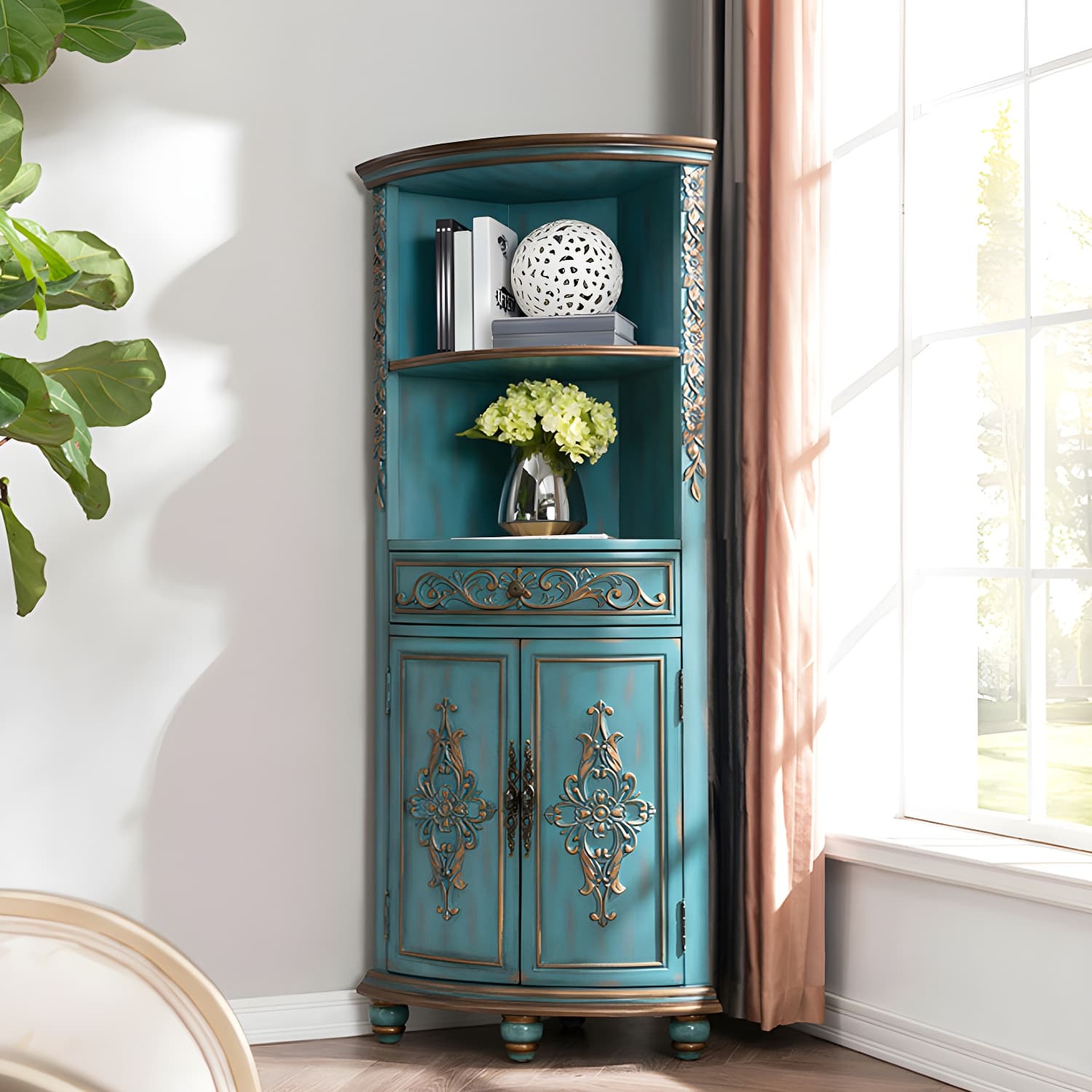 Traditional Bar Pulls Solid Wood Corner Accent Cabinet with Doors thumbnail 7