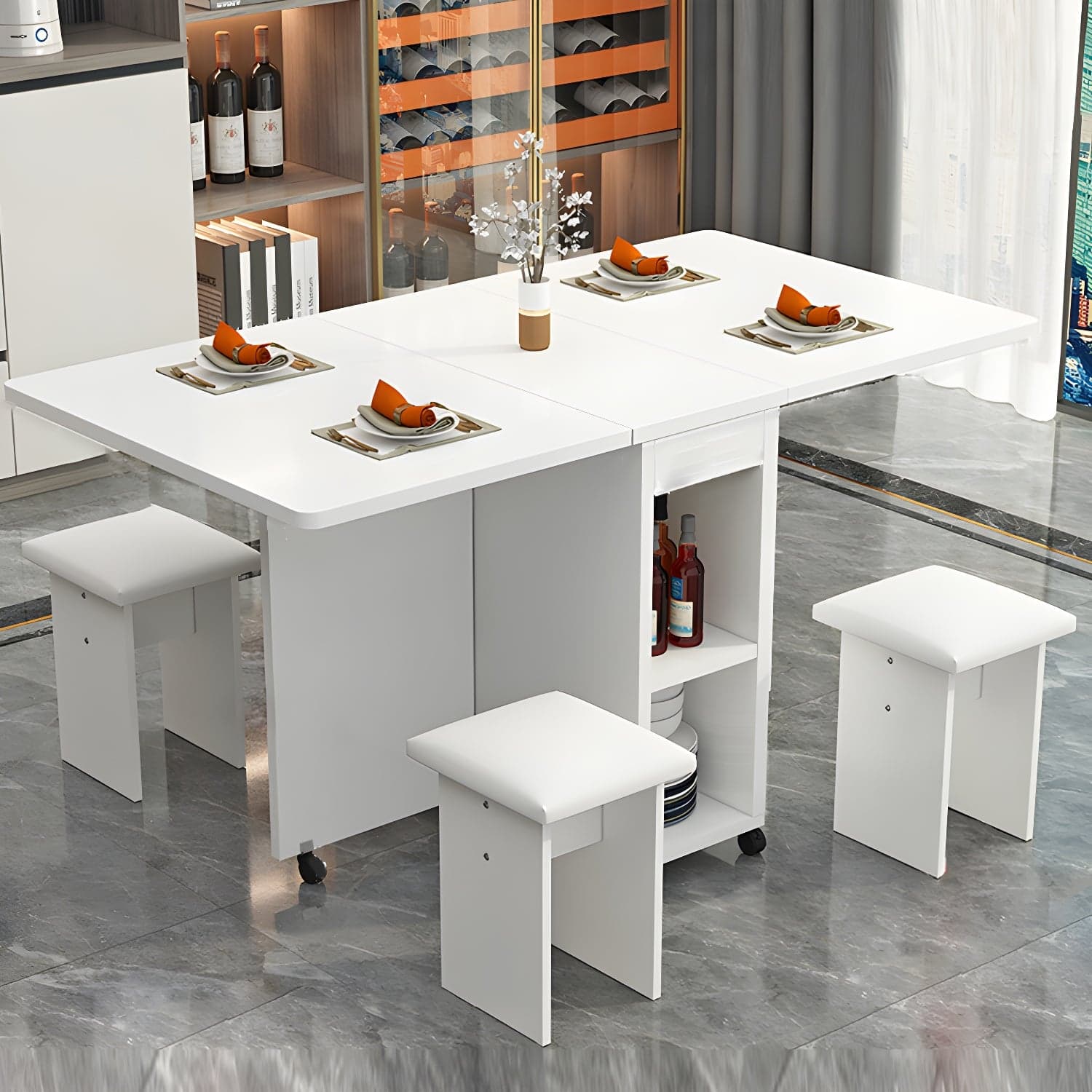 5-Piece Modern Wood Dining Set with Rectangle Table and White Backless Stools thumbnail 3