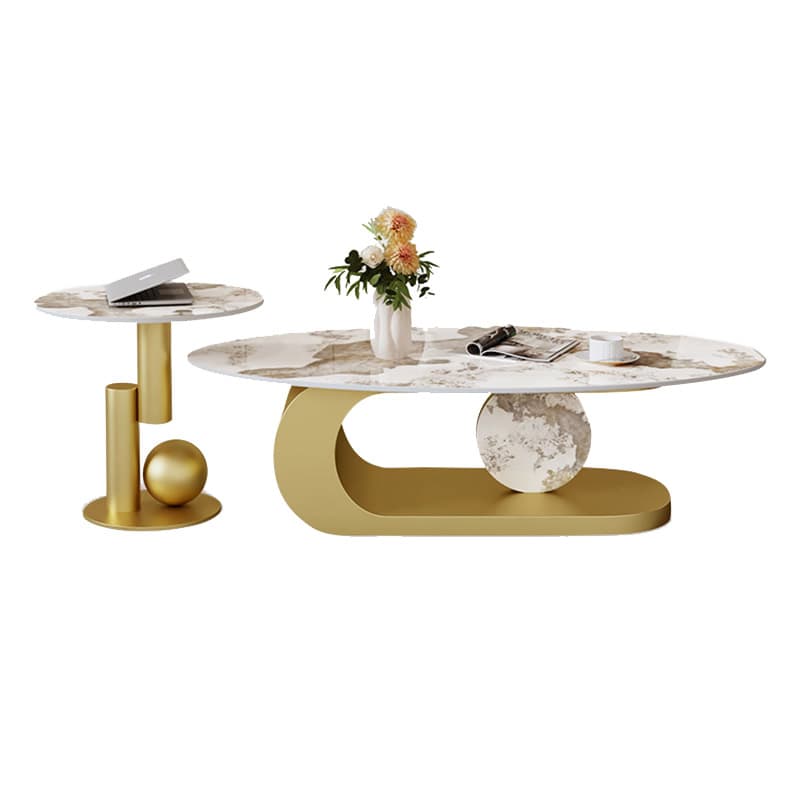 Elegant Stone Oval Coffee Table with Iron Block Base for Living Room thumbnail 9