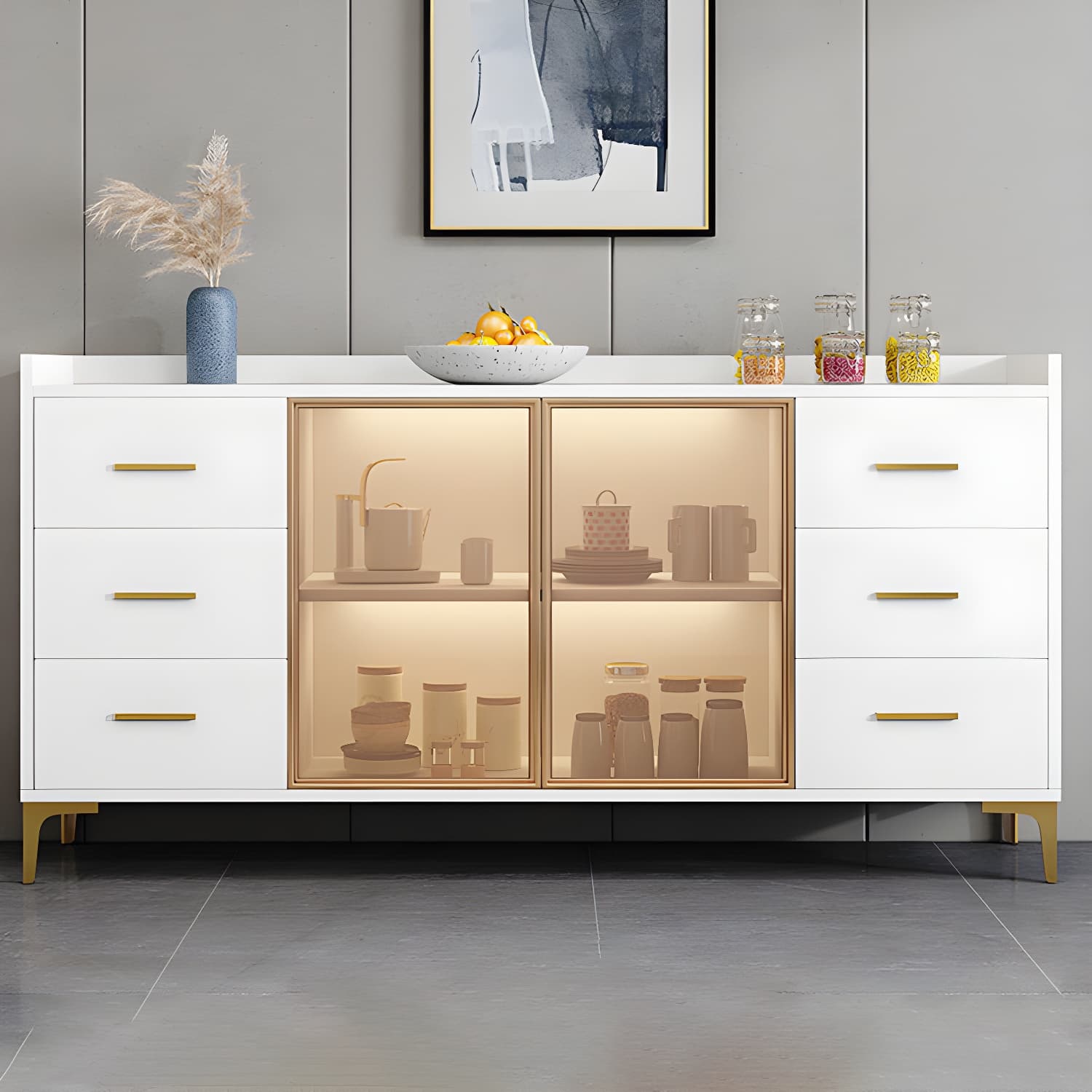 Wood Glass Doors Contemporary Style Buffet Sideboard with Cabinets and Drawers - image 7