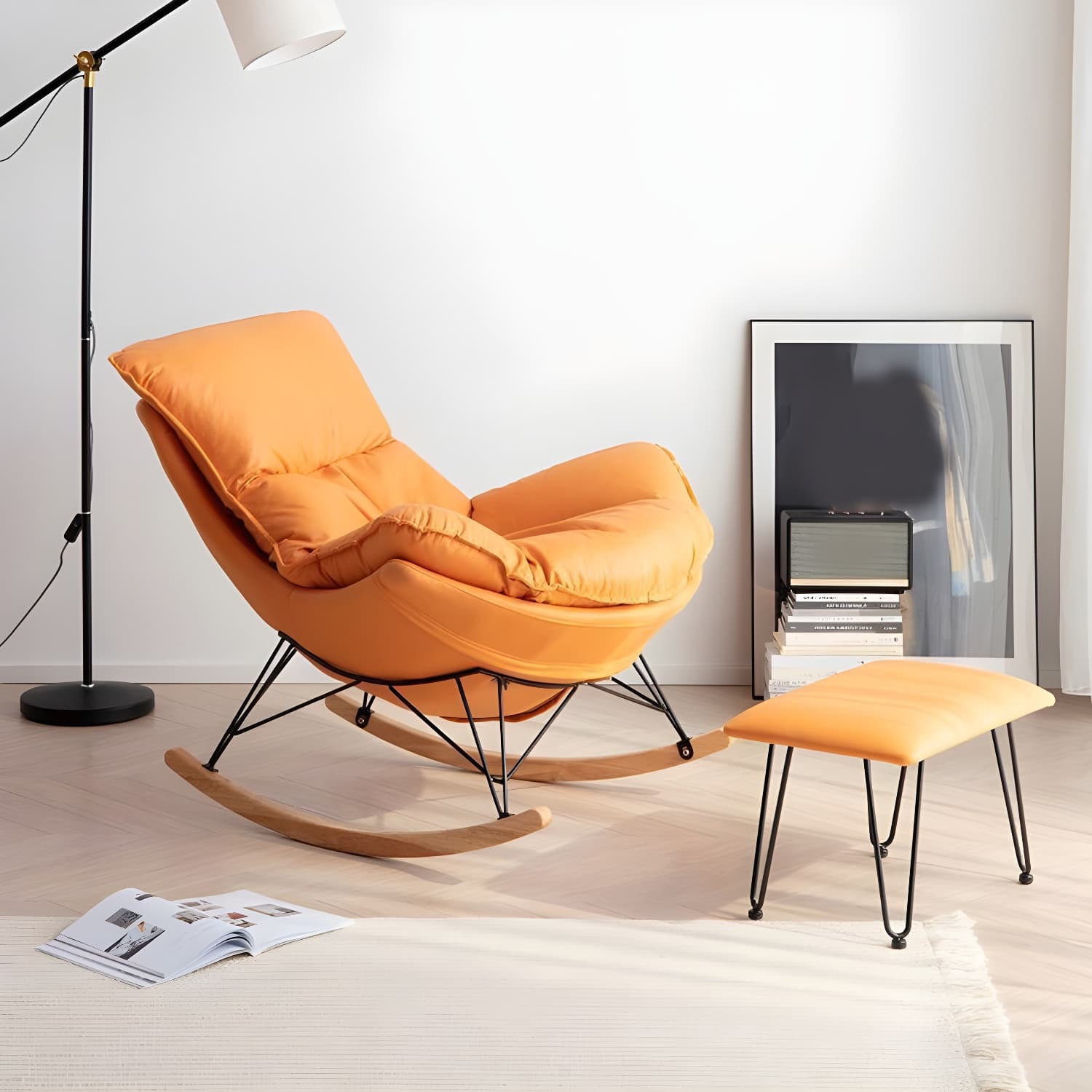 Simple Faux Leather Rocker Chair Plain Rocking Chair with Removable Cushions thumbnail 16