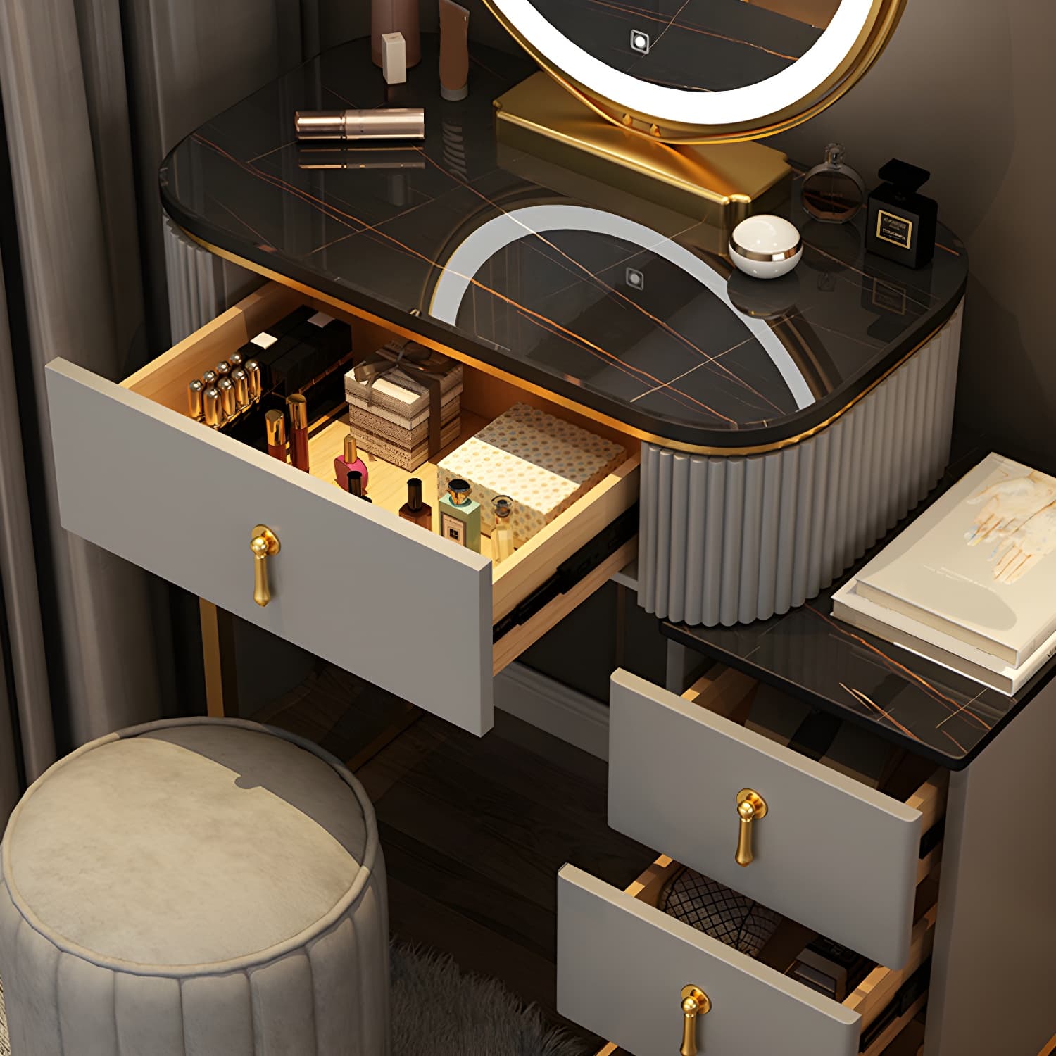 Lighted Mirror Makeup Vanity Desk with 4 Drawers Glam Makeup Vanity Set thumbnail 11