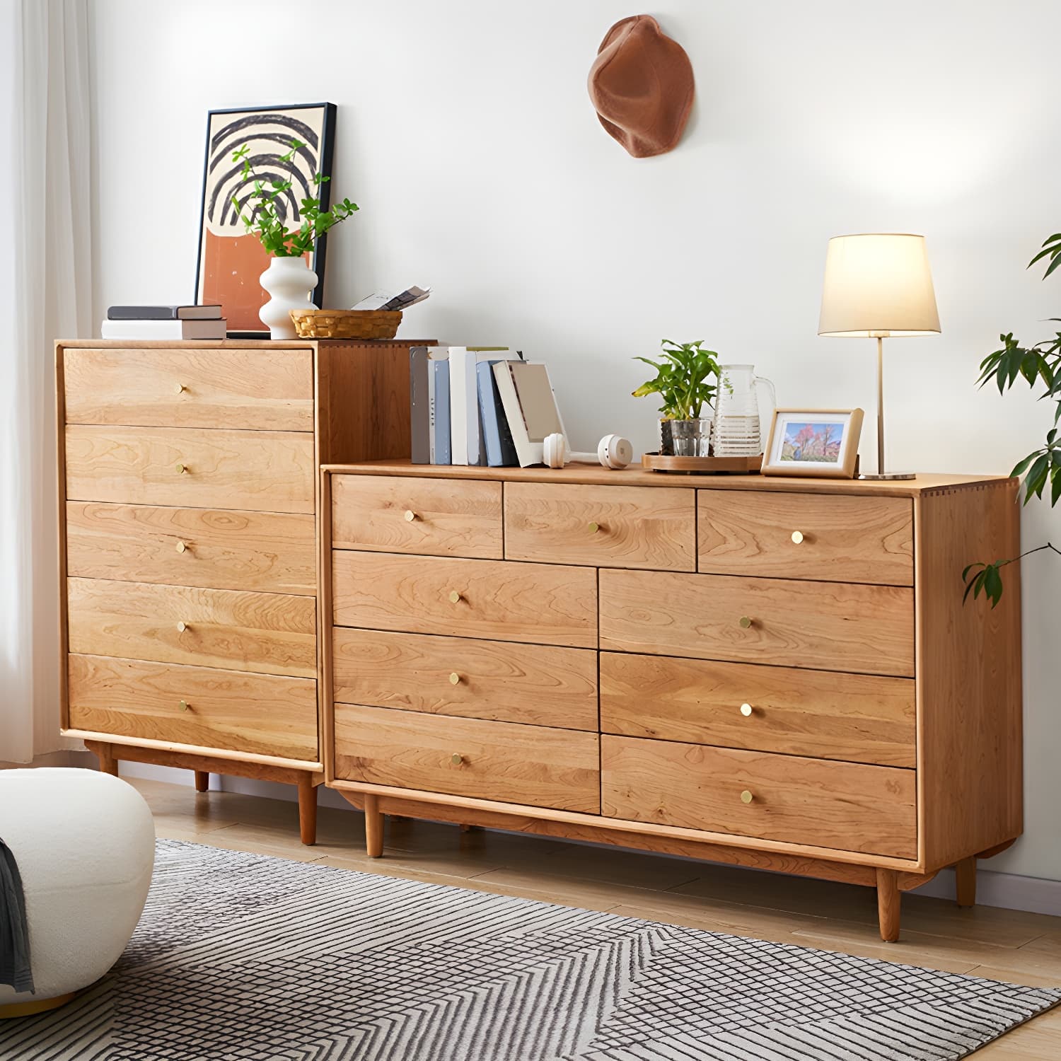 Modern Brown Wood Dresser with Drawers and Gold Metal Handles thumbnail 3