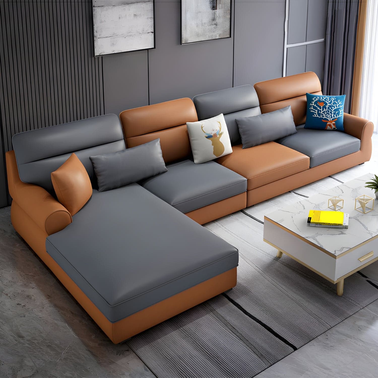 Large Modern L-Shape Stationary Wood Sectional Sofa with Round Arm and Cushion Back thumbnail 2
