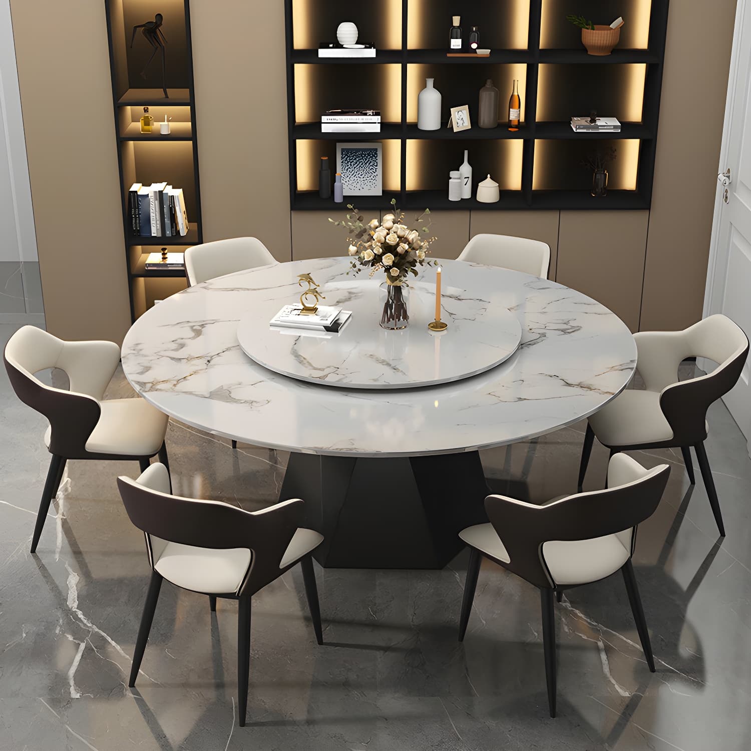 Round White Marble Modern Dining Table with Black Steel Pedestal Base and Convenient Lazy Susan thumbnail 1