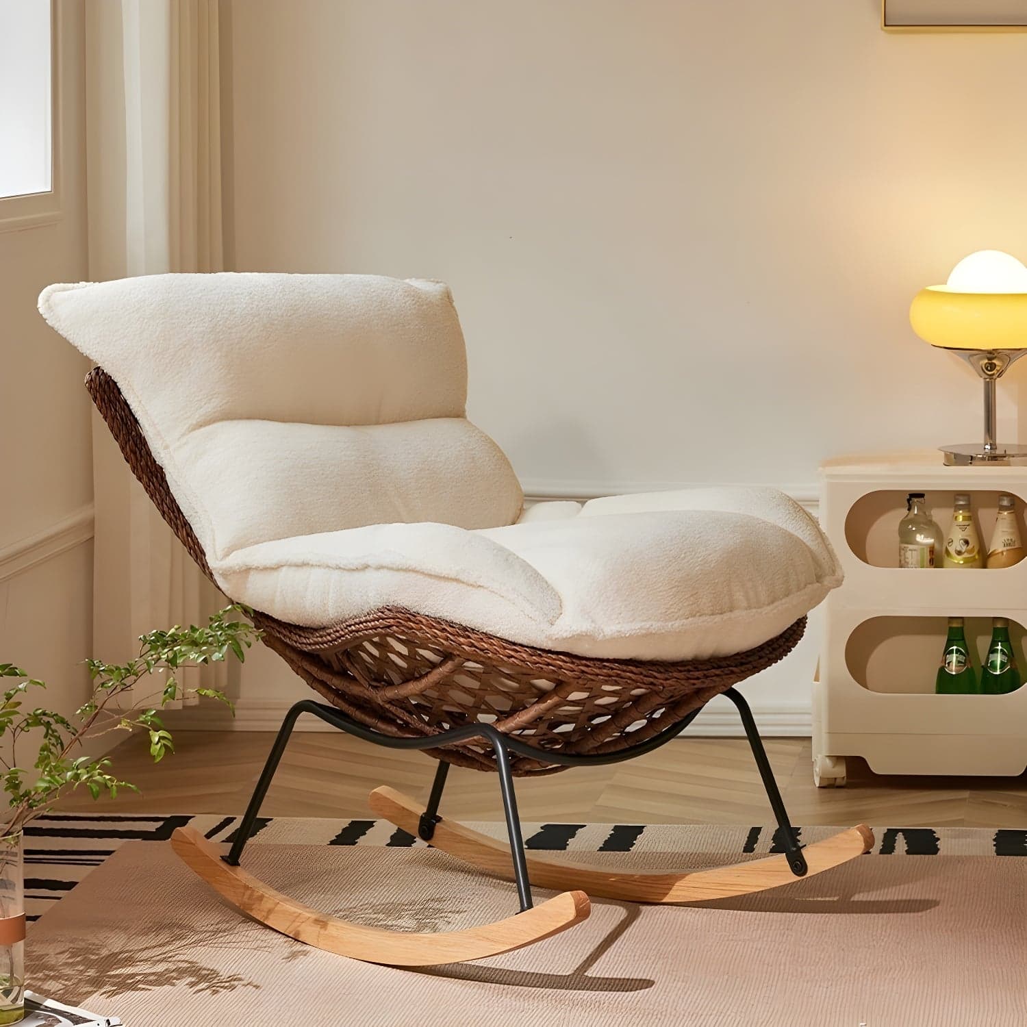 Traditional Armless Design Indoor Rocking Chair with rattan Frame and Nature Wood Legs thumbnail 3