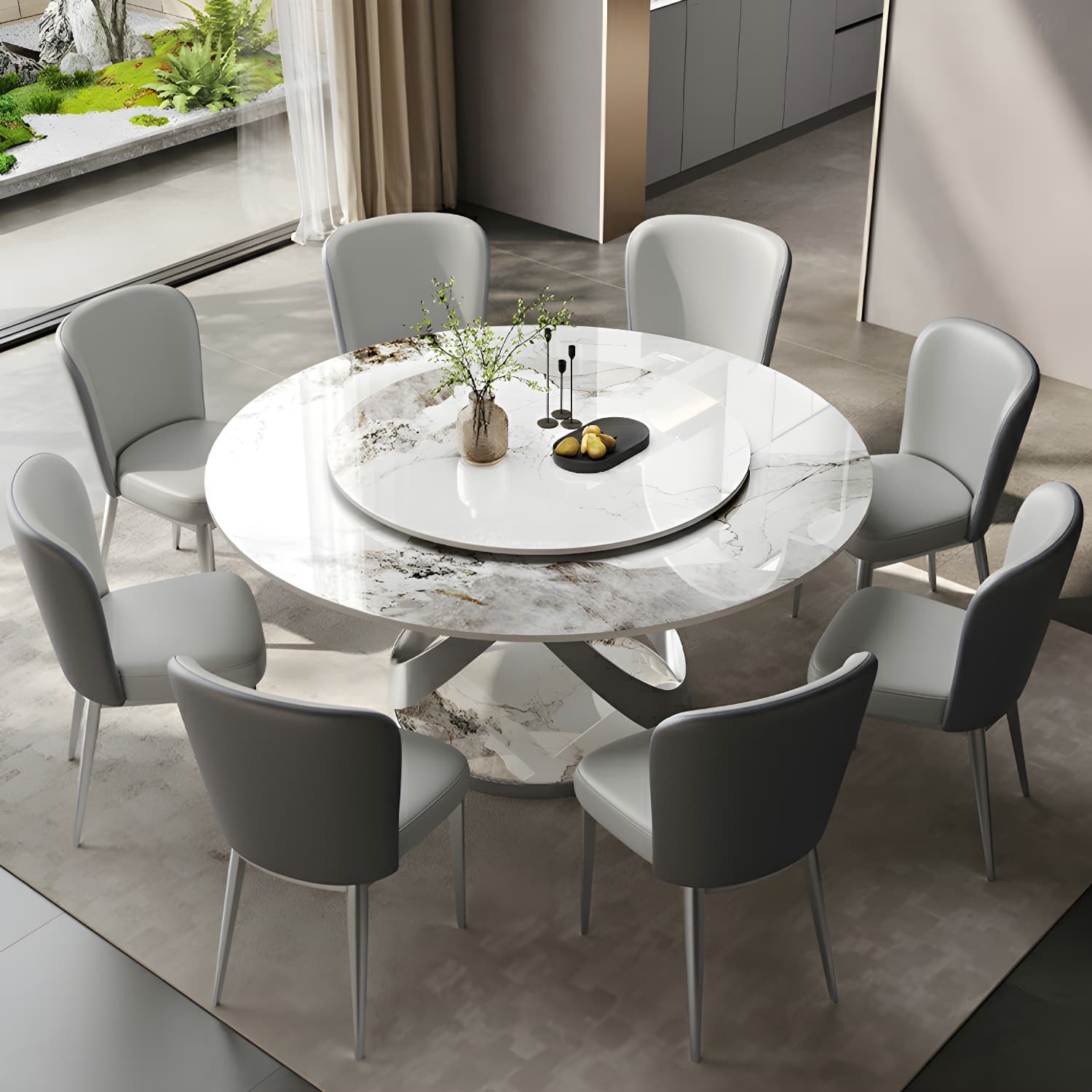 Stunning White Stone Round Dining Table with Lazy Susan and Silver Steel Pedestal Base thumbnail 5