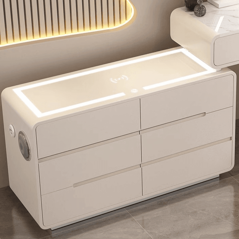 Simplistic Large Vanity Set with Stone Table Top, Clear Seating, 8 Drawers, and Mirror Lights thumbnail 4