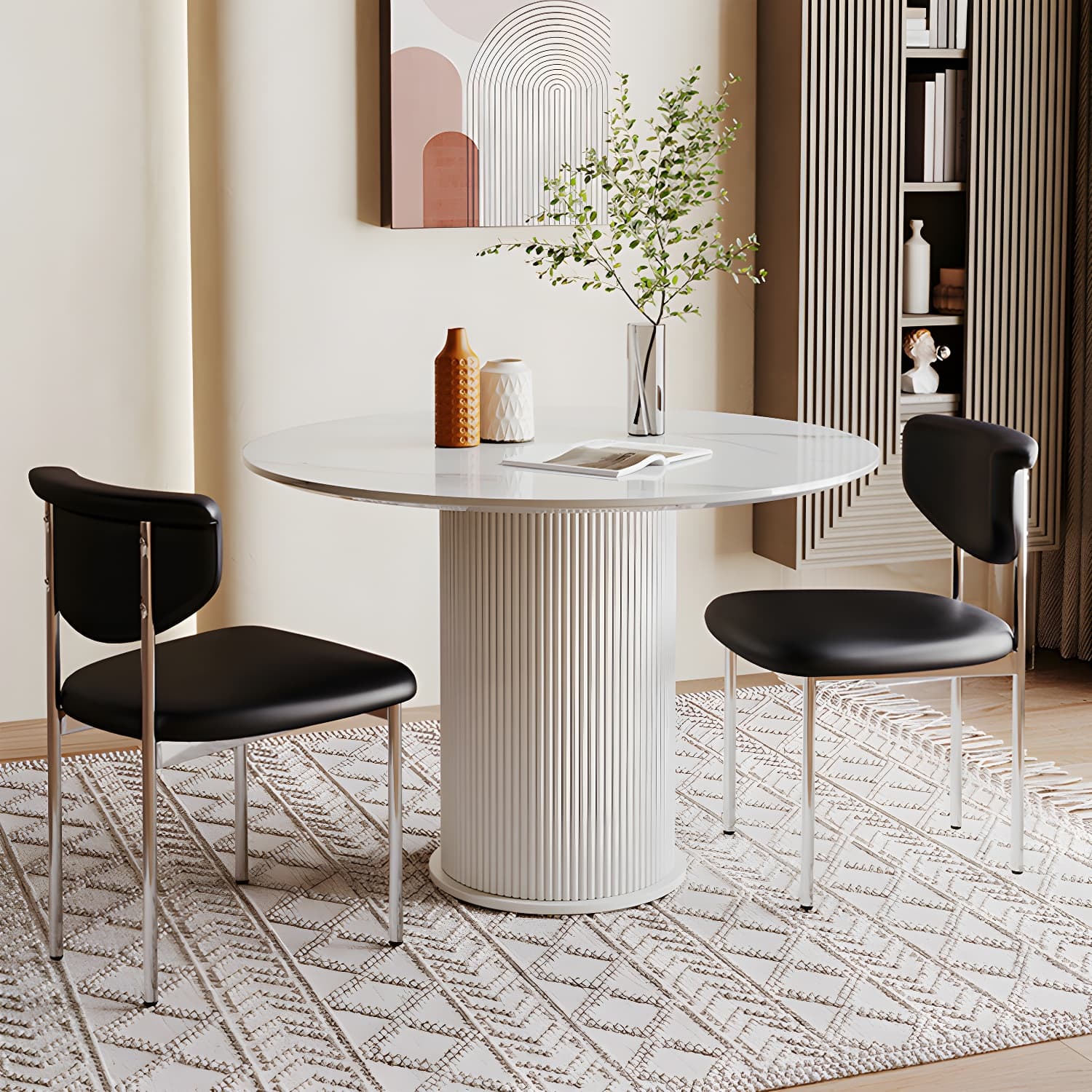 Round White Stone Modern Dining Table with White Steel Pedestal Base Standard Height thumbnail 4