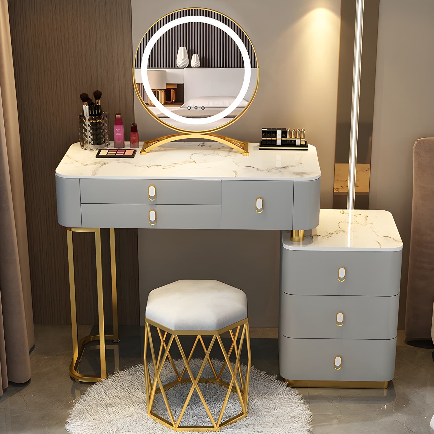 Glam Bedroom Vanity Dressing Table Stone Makeup Vanity Desk with Drawer thumbnail 2