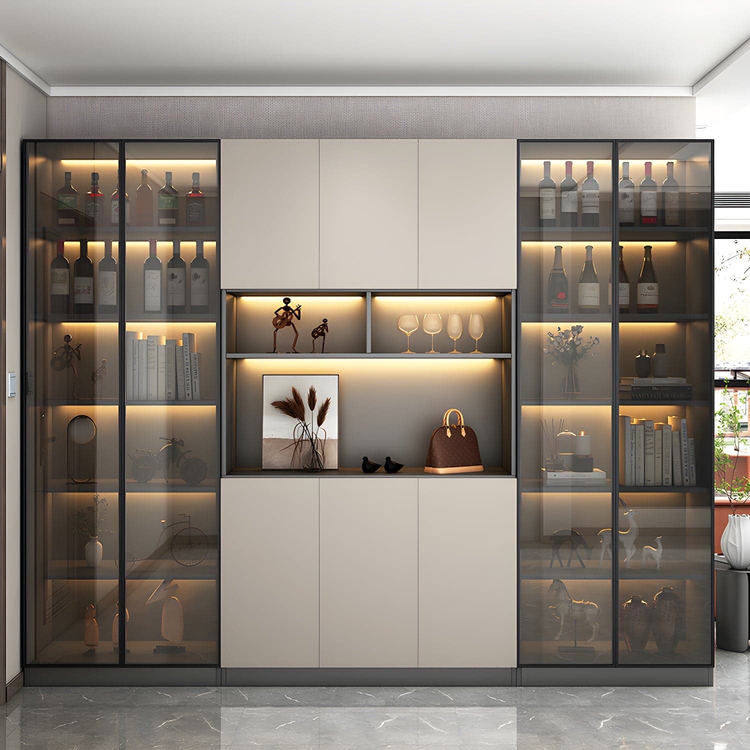 Accent Cabinet Rectangle Contemporary Glass Wood with Shelves thumbnail 13