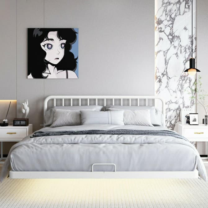 Modern Iron Open-Frame Bed with Solid Color, Metal Slats, and Legs Included thumbnail 2