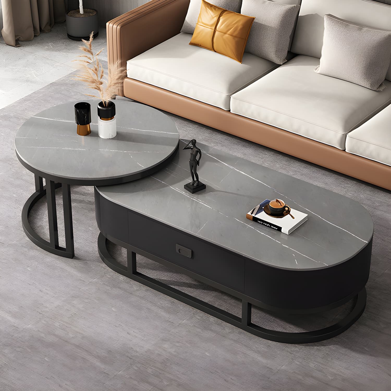 Slate Coffee Table Oval Nesting Coffee Table Set with Metal Legs thumbnail 9