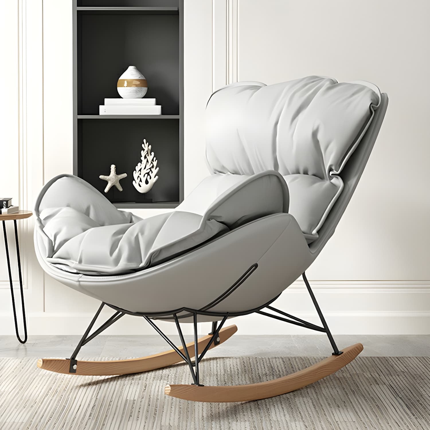 Stylish and Modern Upholstered Rocking Chair with Natural Wood Legs thumbnail 11