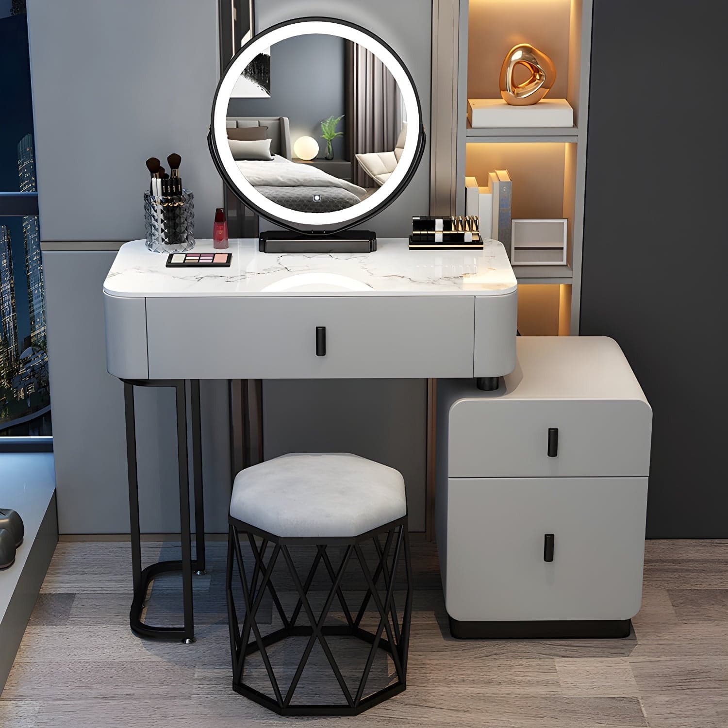 Wood Makeup Vanity Lighted Mirror Vanity Table and Stool Set thumbnail 4