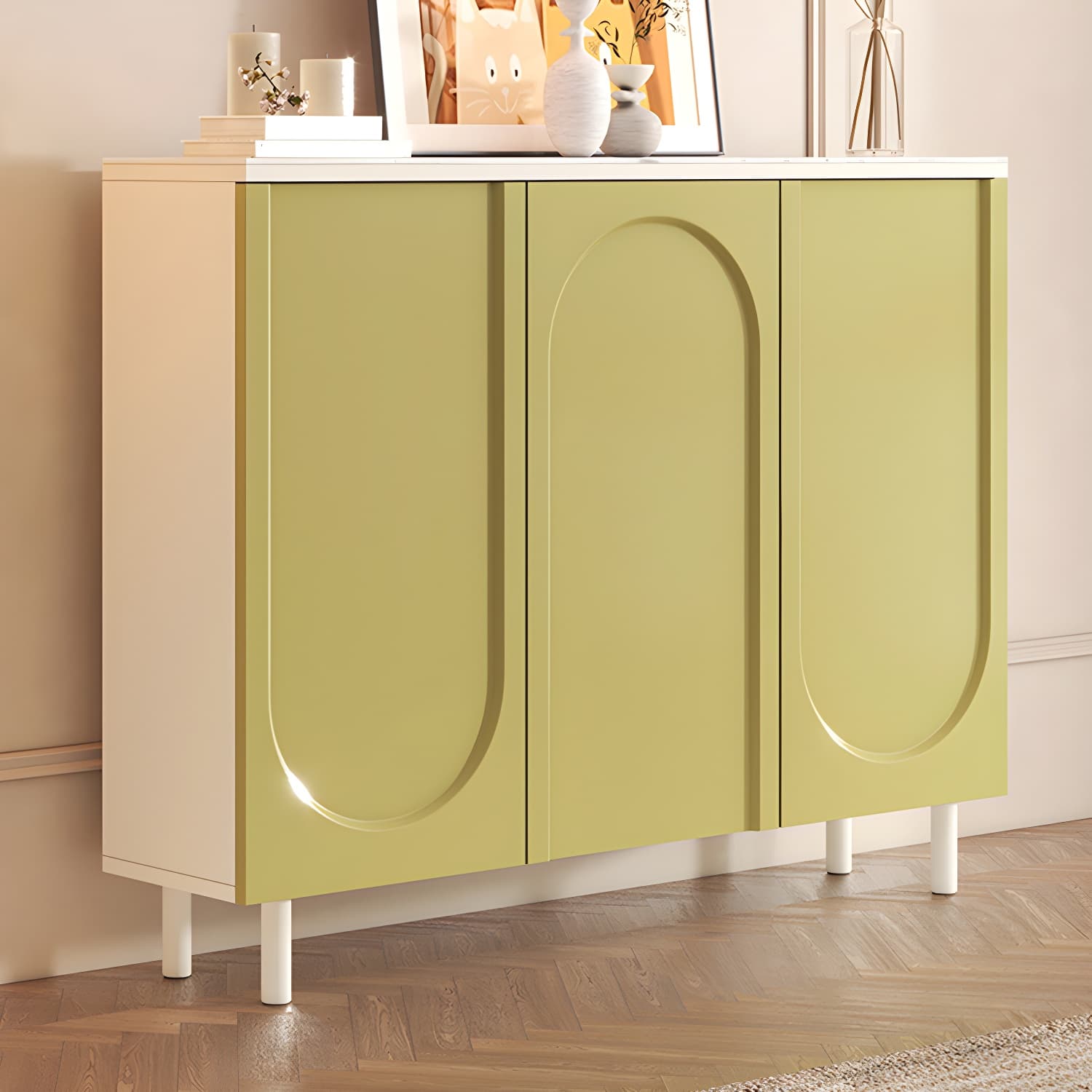 Scandinavian Wood Buffet Sideboard Cabinet with Stone Countertop Shelves Included thumbnail 9