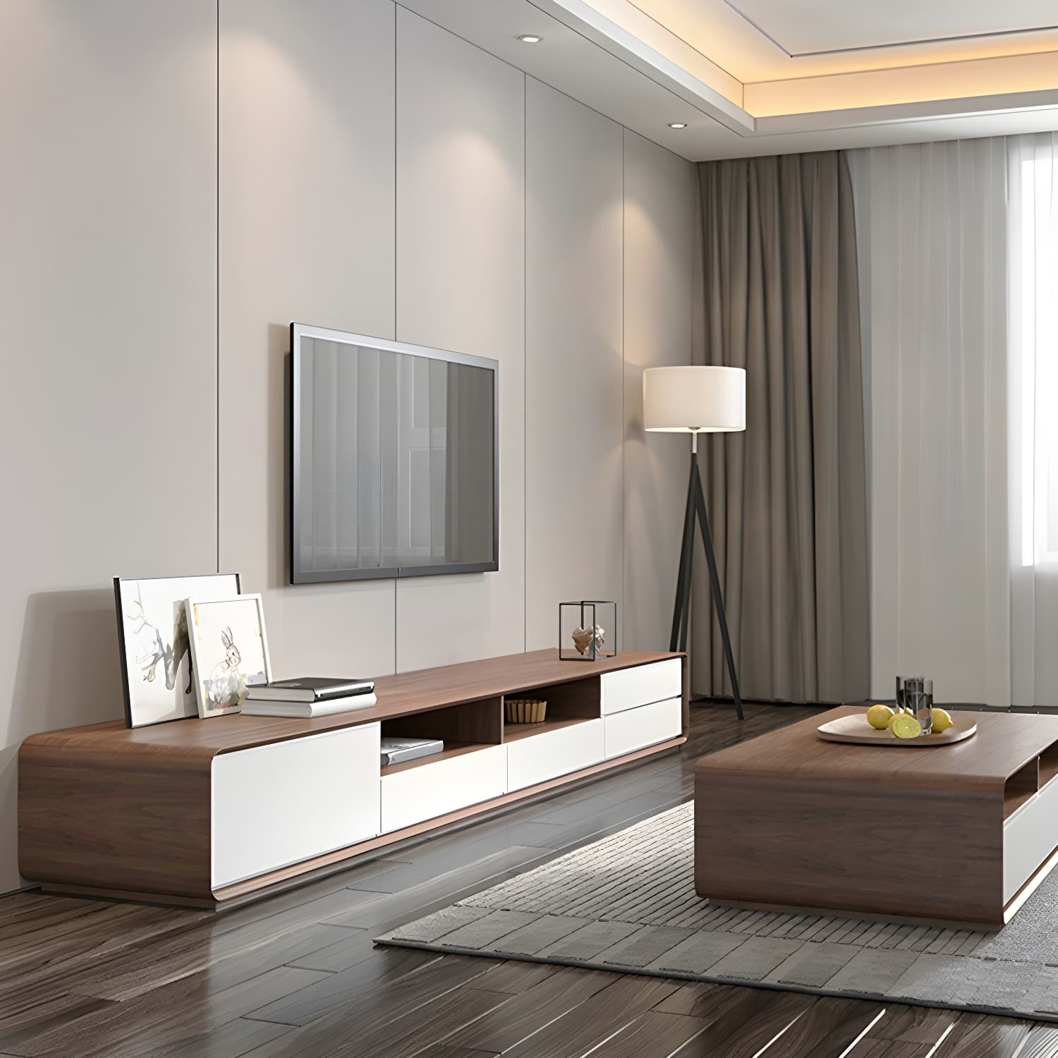 Scandinavian Wood TV Stand with Drawers and Cabinet for Long TVs - Cable Management Included thumbnail 5