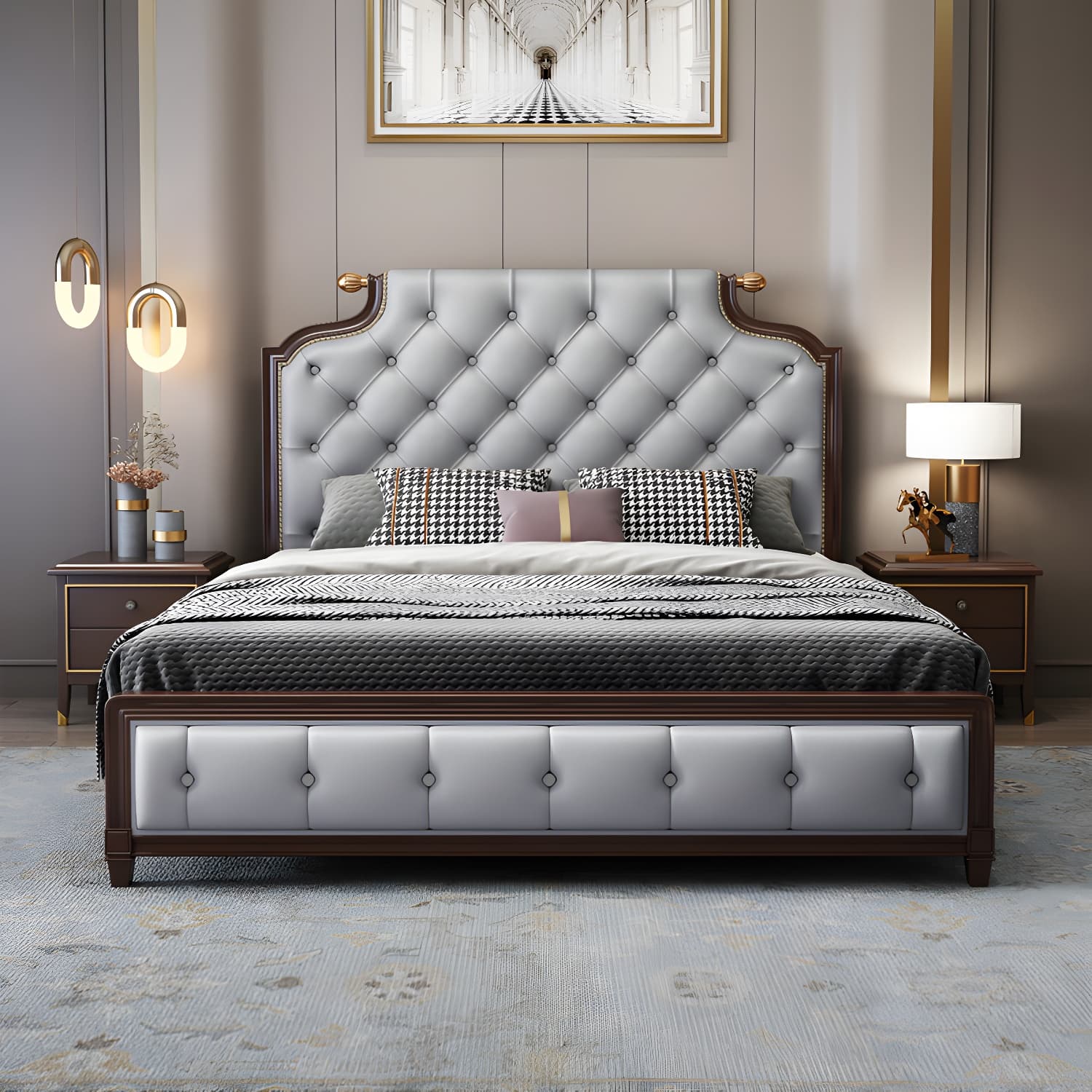 Tufted Upholstered Panel Bed with Nailhead Trim Victorian Solid Wood Bed Frame thumbnail 5