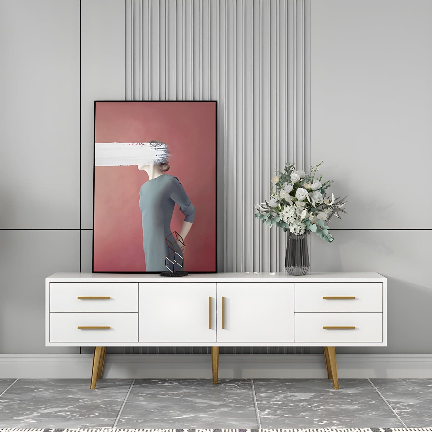 Scandinavian Engineered Wood TV Media Stand Matte Finish Media Console with Drawers thumbnail 5